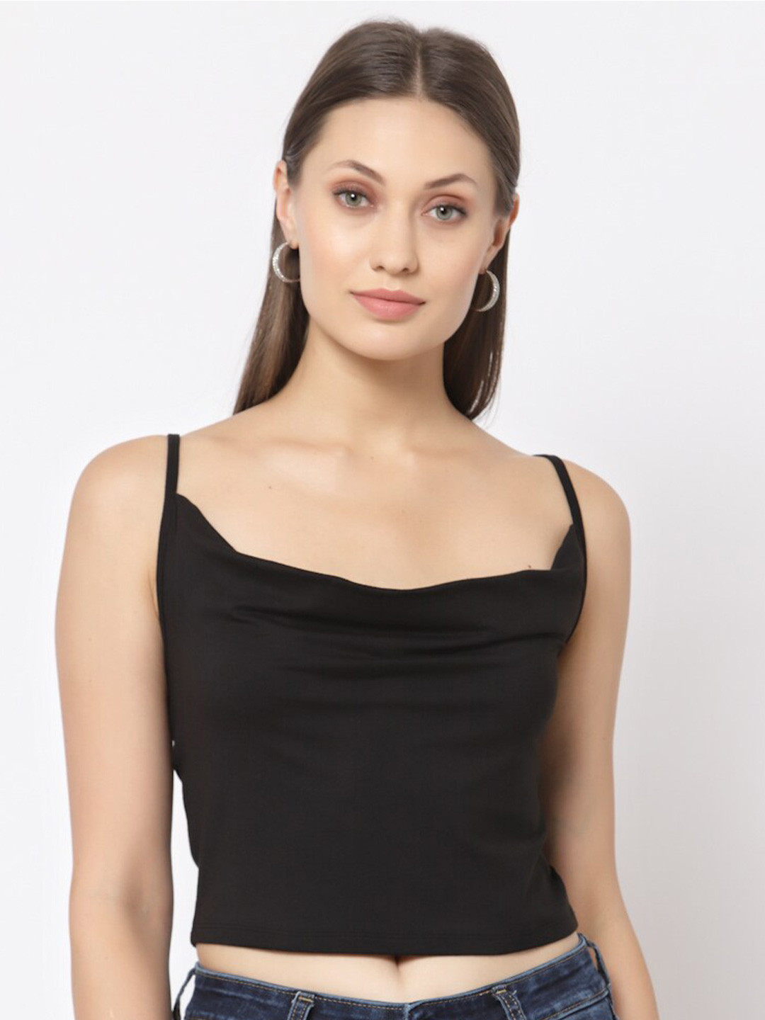 

YOONOY Black Solid Knitted Pure Cotton Fitted Crop Top