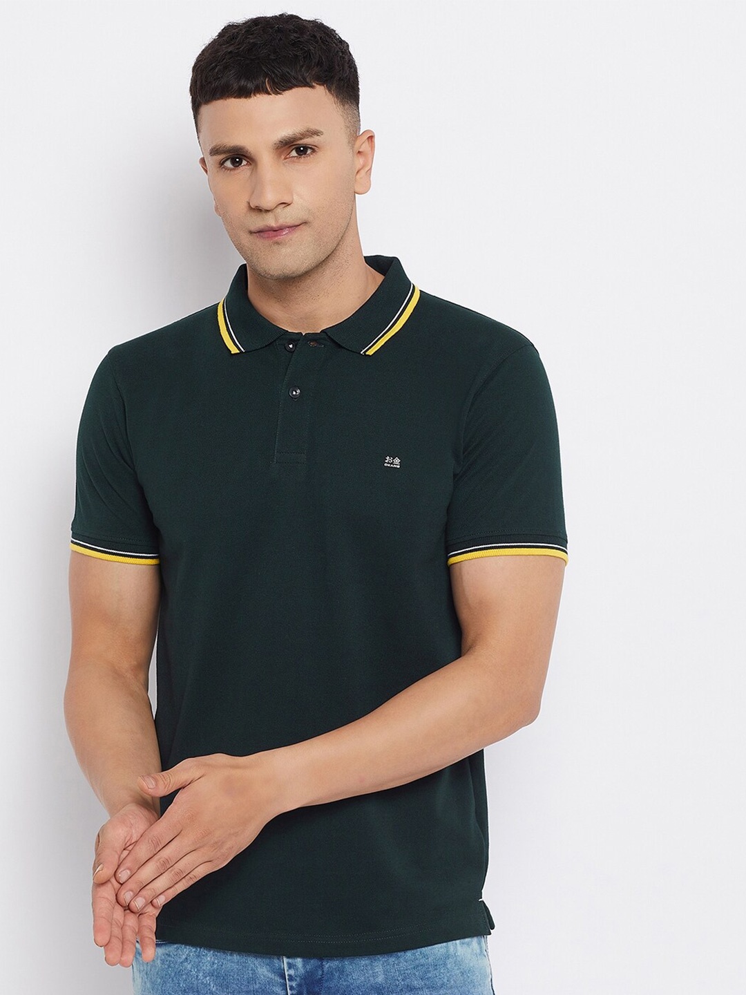 

Okane Men Green Polo Collar T-shirt
