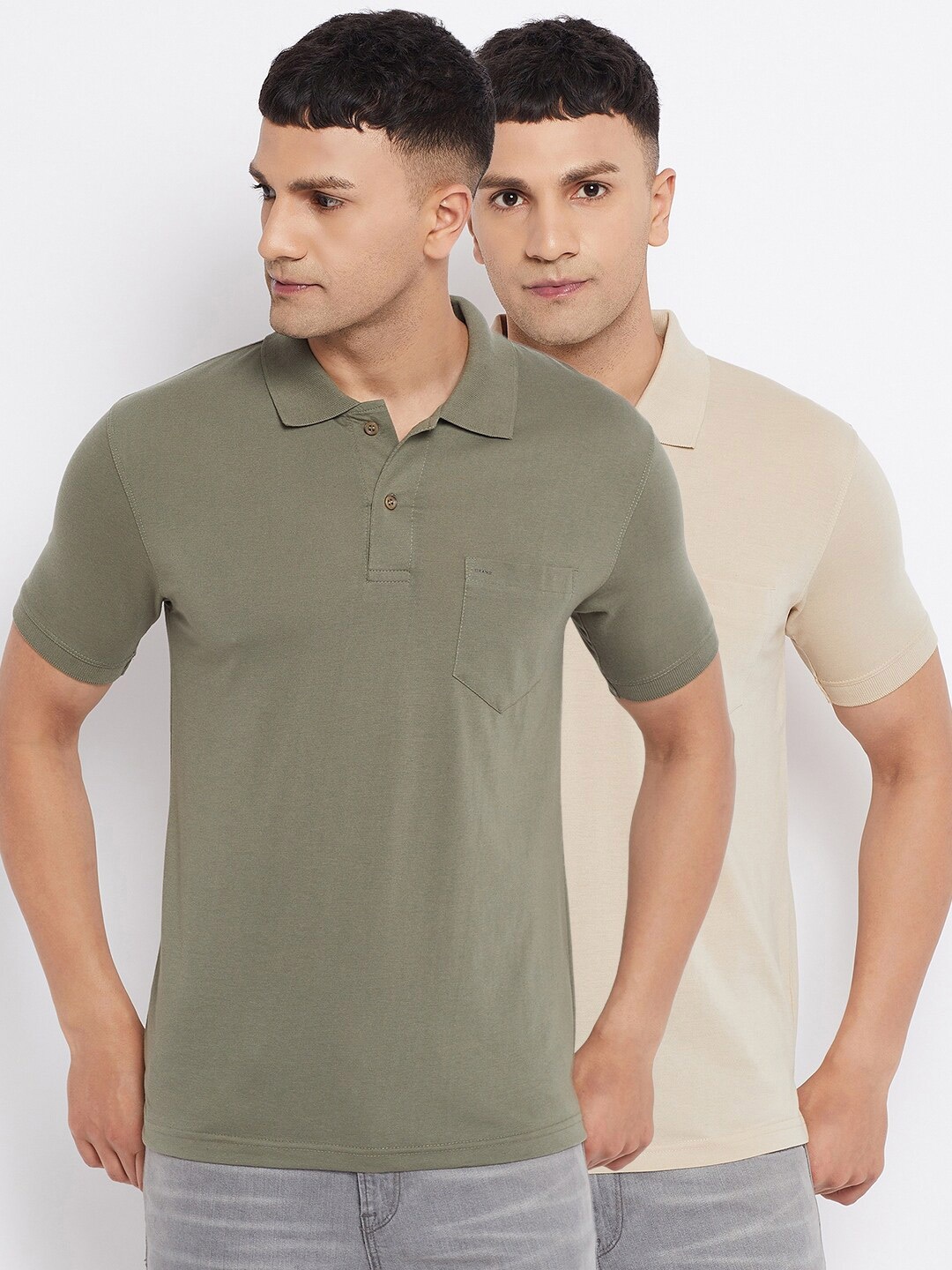 

Okane Men Pack of 2 Beige & Olive Green Plus Size Polo Collar T-shirt