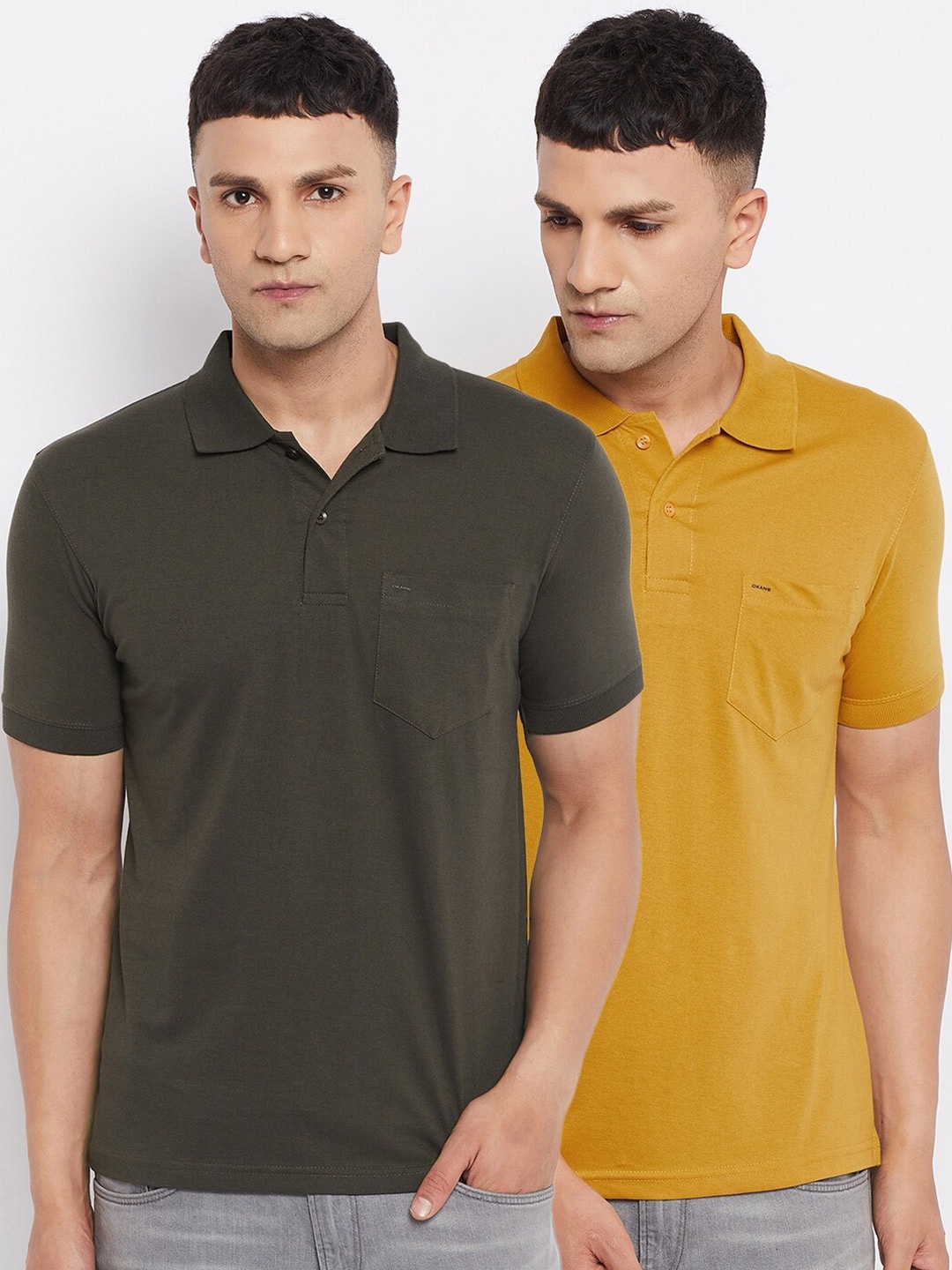 

Okane Men Mustard Yellow & Olive Green Pack Of 2 Polo Collar T-shirt