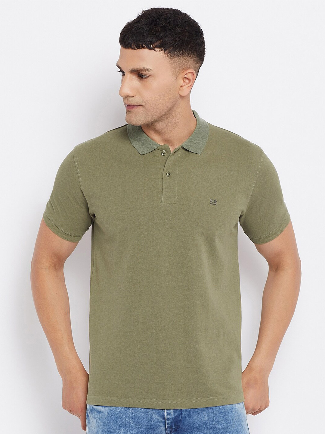 

Okane Men Olive Green Polo Collar Cotton T-shirt
