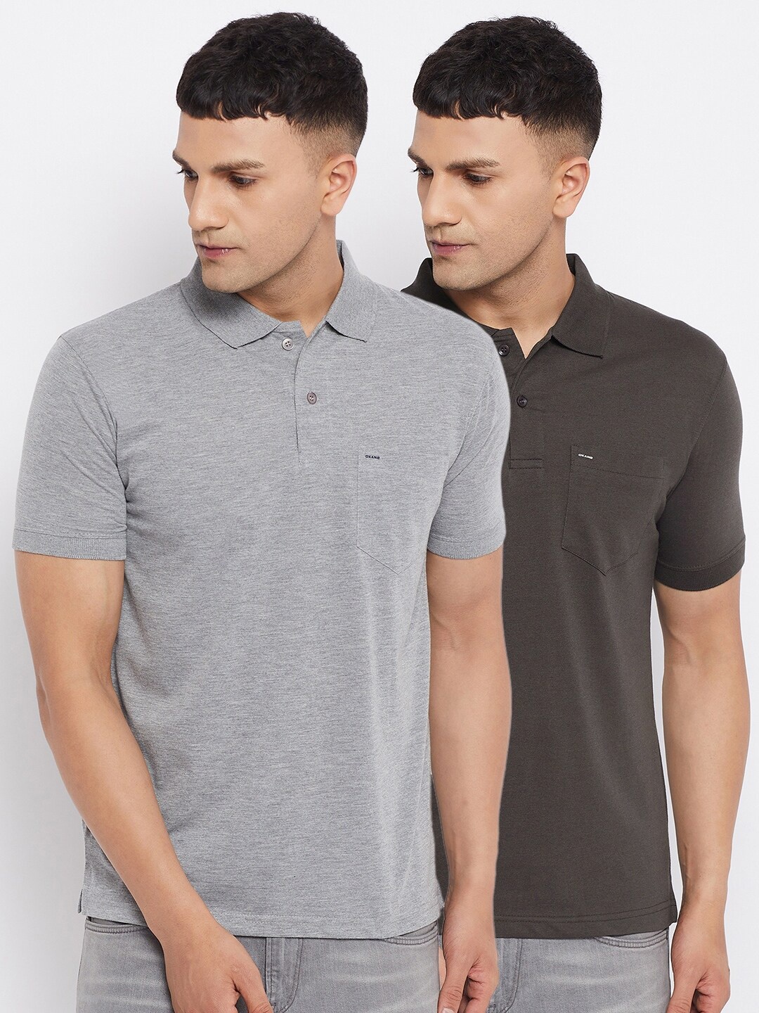 

Okane Pack of 2 Men Charcoal & Grey Solid Polo Collar T-shirt