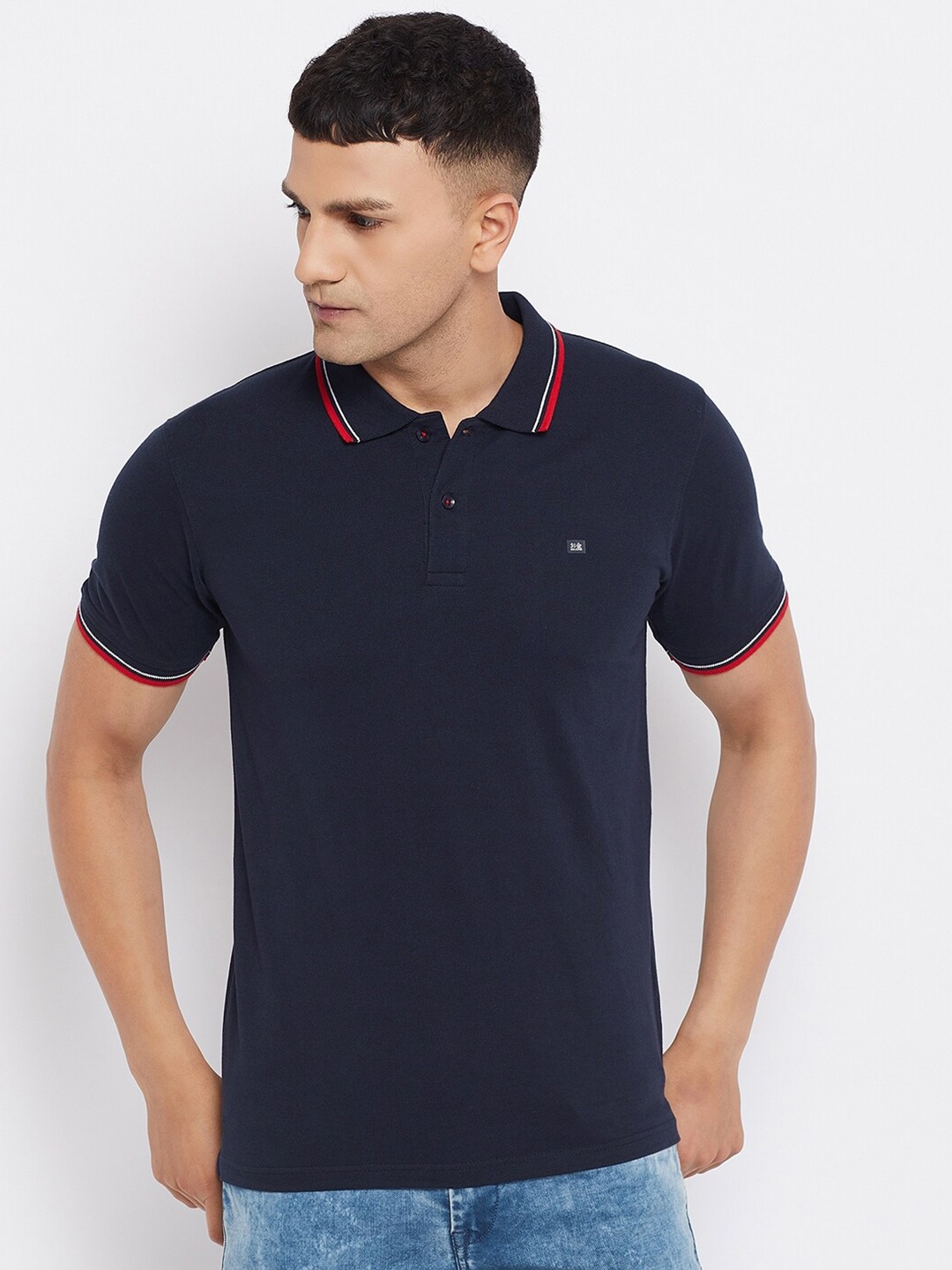 

Okane Men Navy Blue Polo Collar Cotton T-shirt