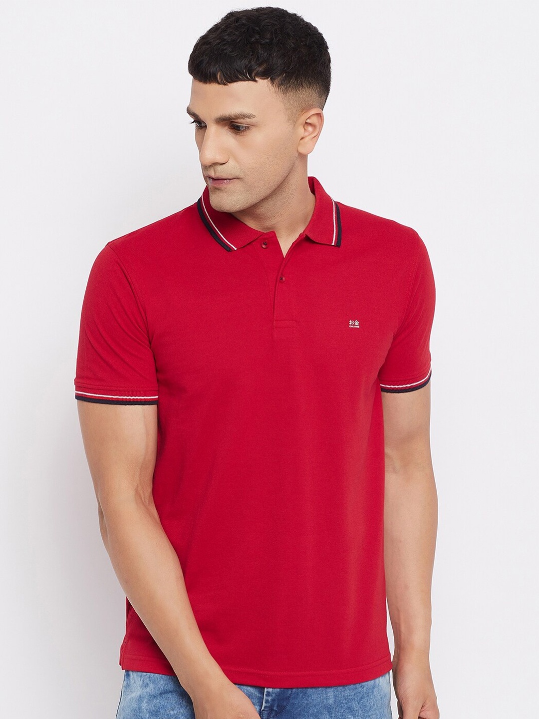 

Okane Men Red Polo Collar Cotton T-shirt