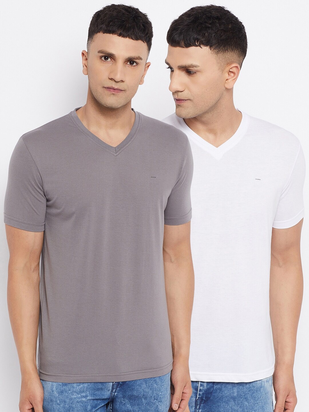 

Okane Men Grey & White Pack Of 2 V-Neck T-shirt