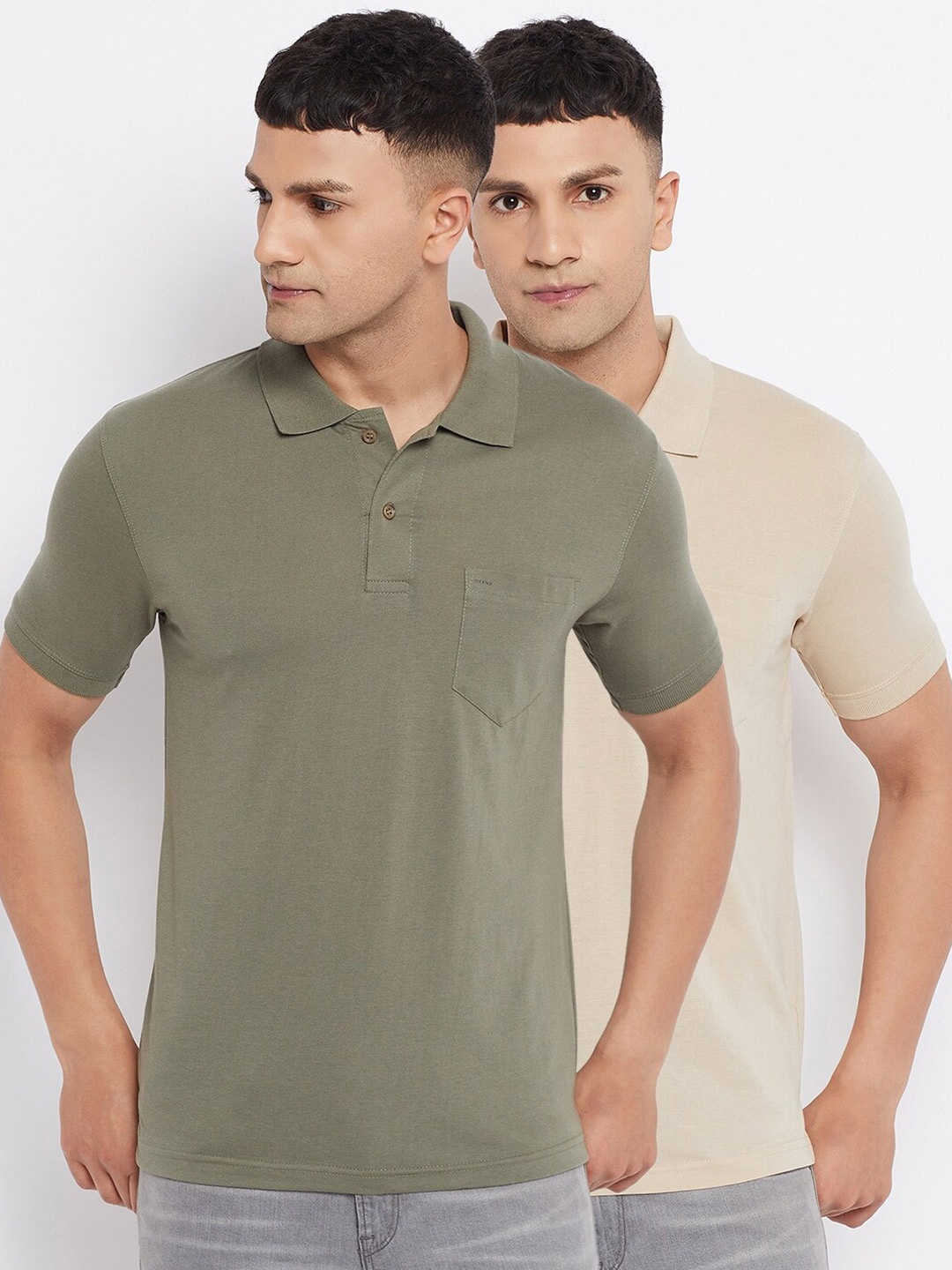 

Okane Men Beige & Olive Green Polo Collar T-shirt Pack Of 2