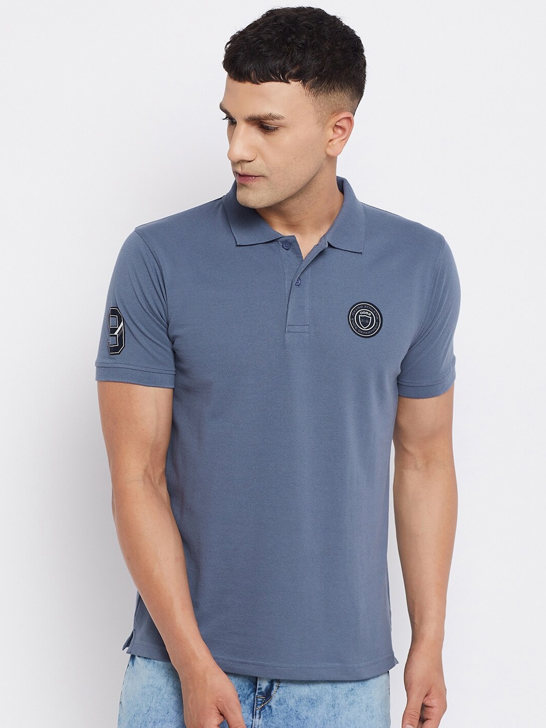 

Okane Men Blue Polo Collar Cotton T-shirt