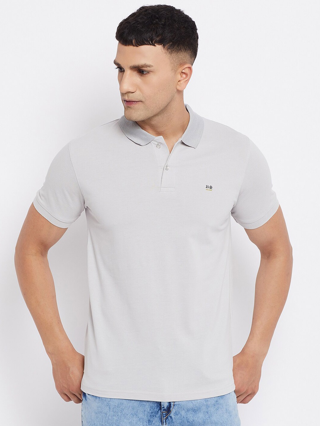

Okane Men Grey Polo Collar Cotton T-shirt