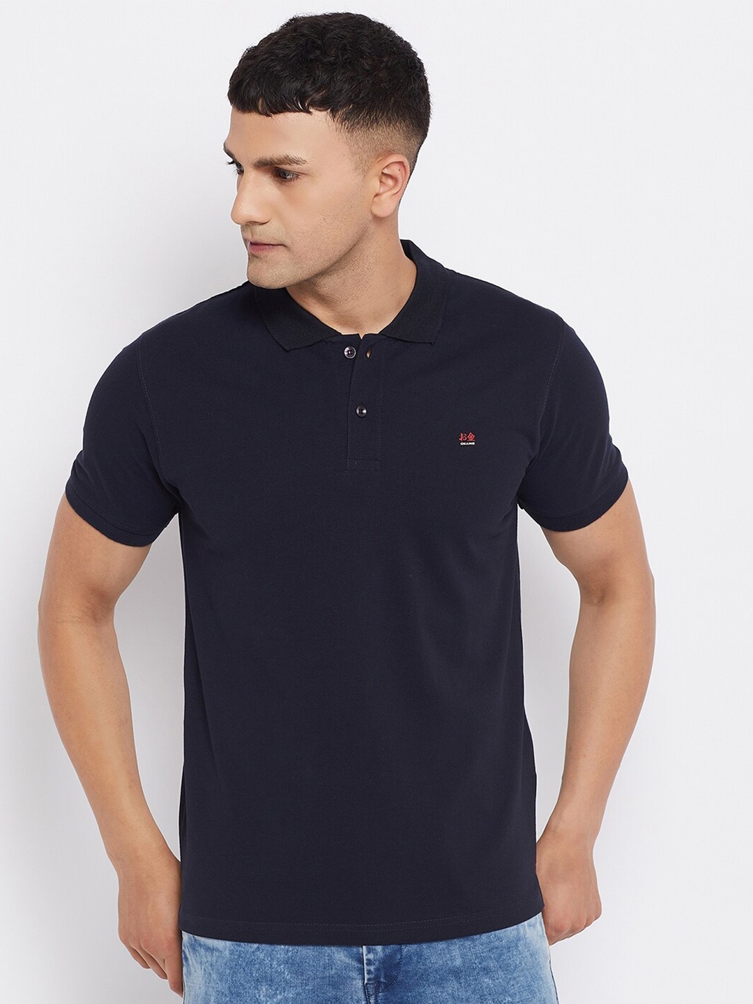 

Okane Men Navy Blue Polo Collar T-shirt