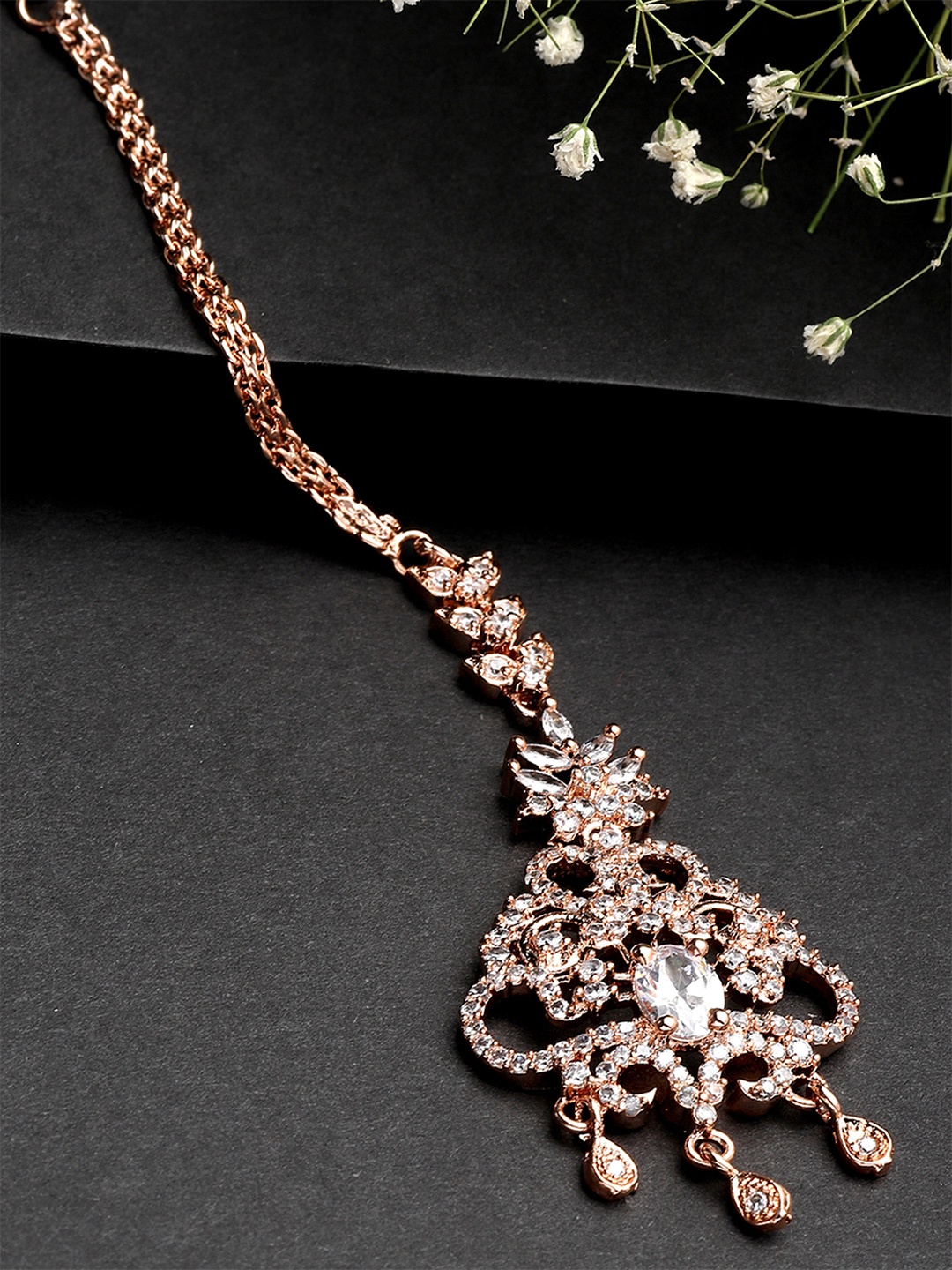 

KARATCART Rose Gold-Plated Cubic Zirconia Studded Maangtikka