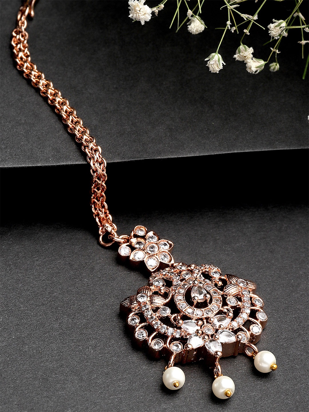 

KARATCART Rose Gold-Plated Cubic Zirconia Studded Maangtikka