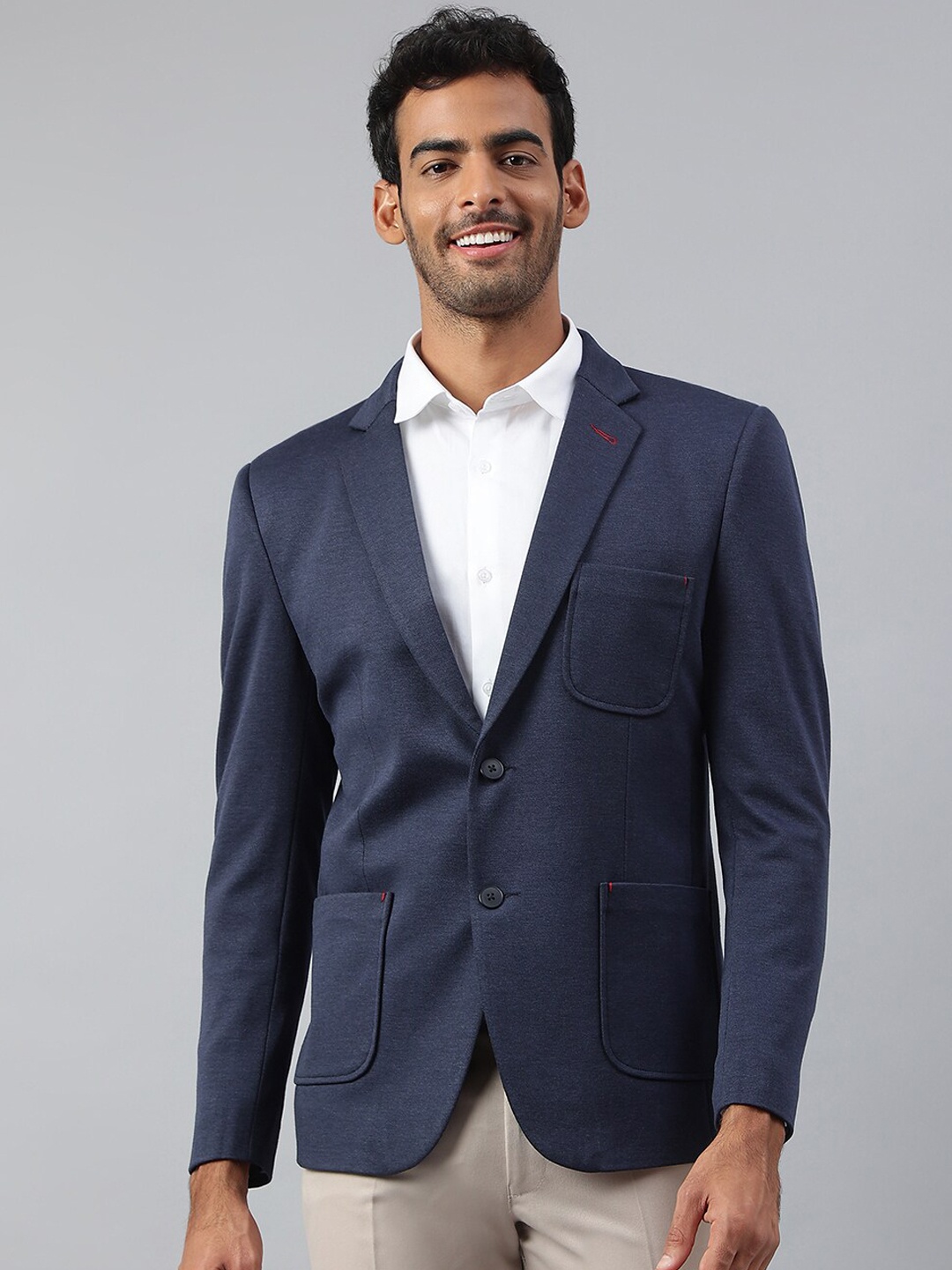 

MR BUTTON Men Navy Blue Solid Single-Breasted Slim-Fit Blazers