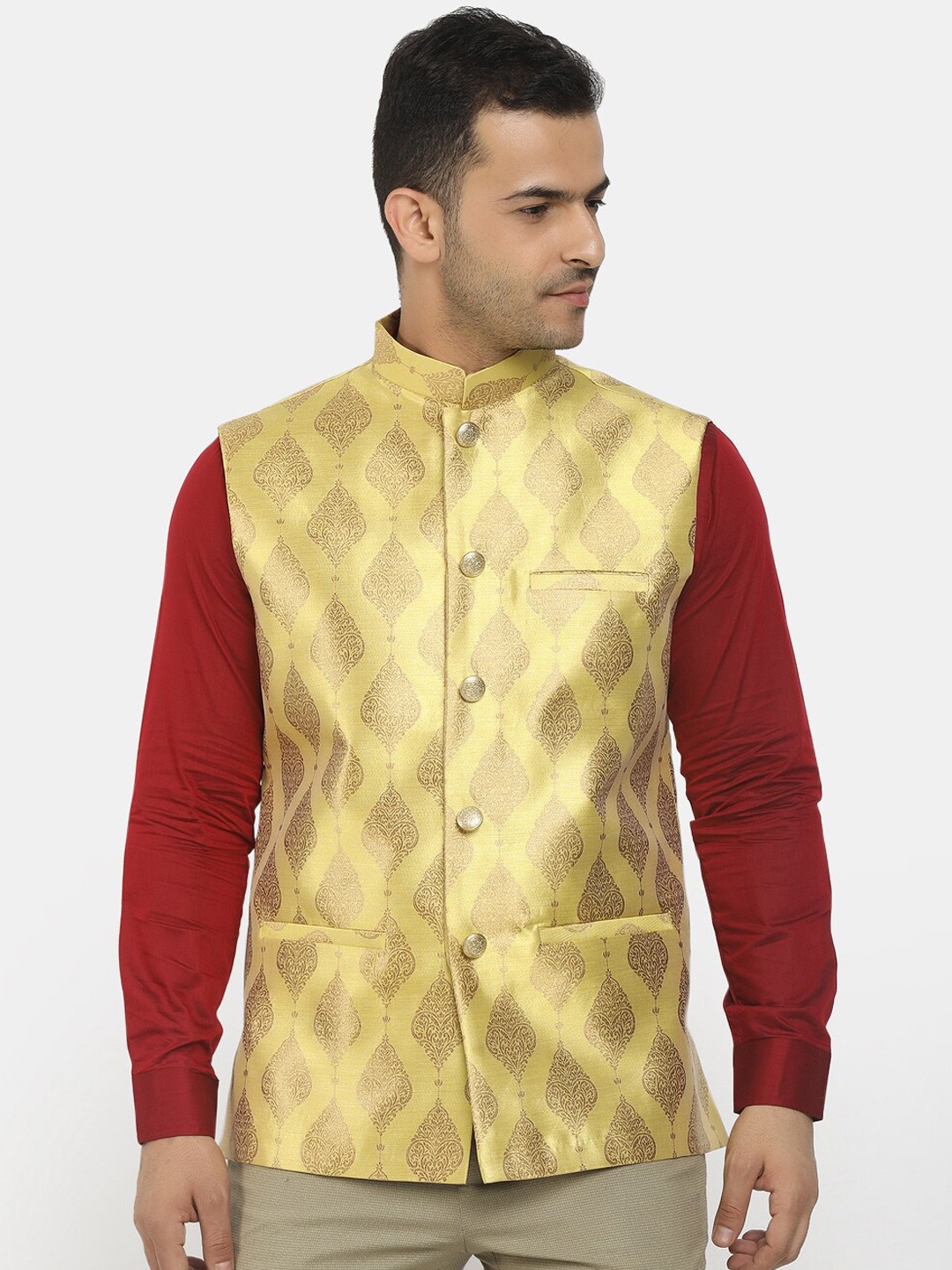 

V-Mart Men Yellow & Gold Self Design Jacquard Nehru Jacket