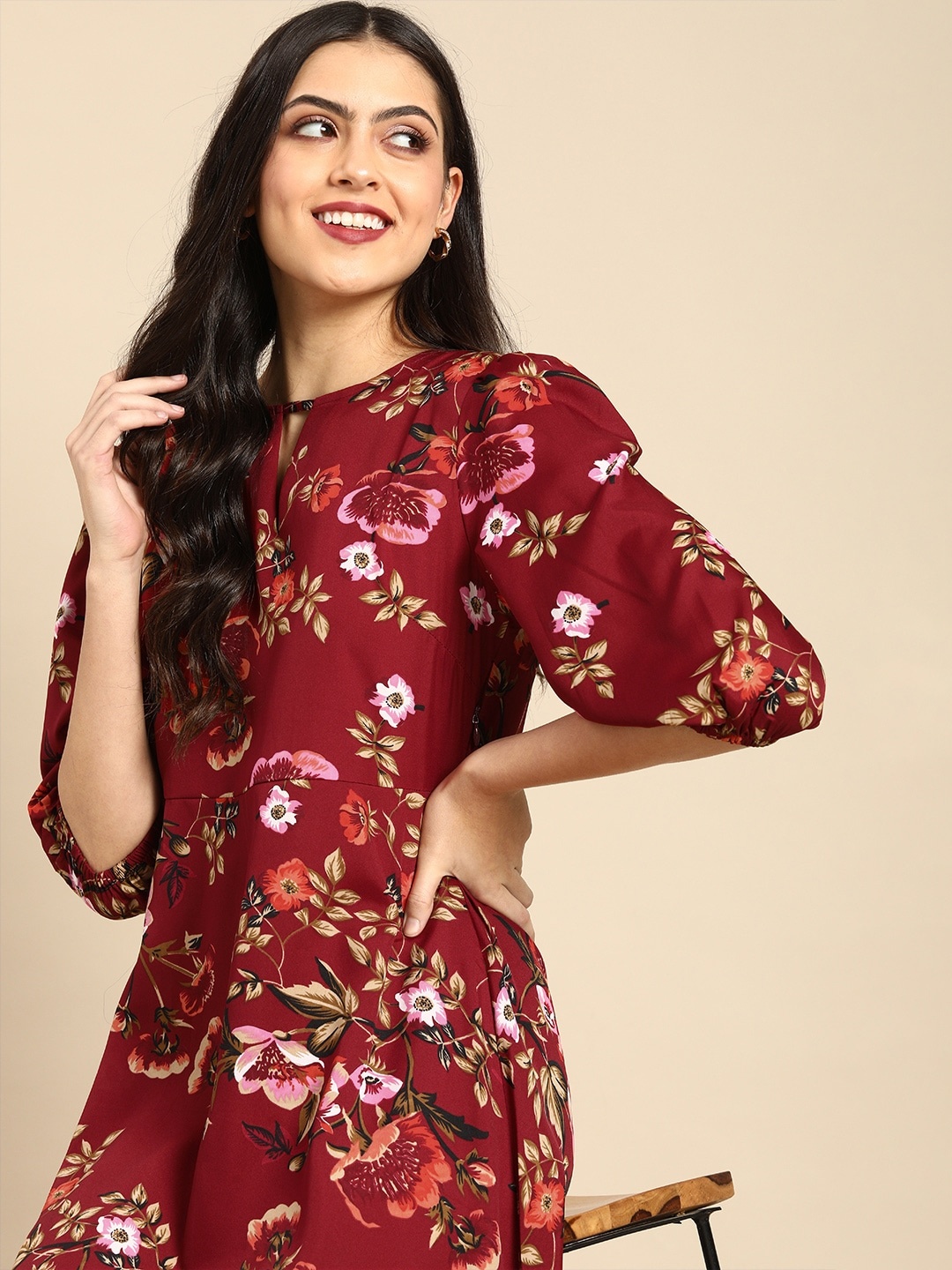 

all about you Women Maroon Floral Keyhole Neck Casual Dress