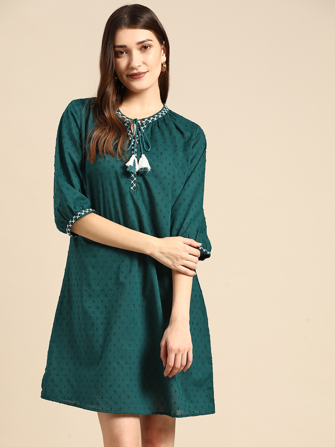 

all about you Teal Green Self-Design Pure Cotton Dobby Weave Tie-Up Neck A-Line Dress