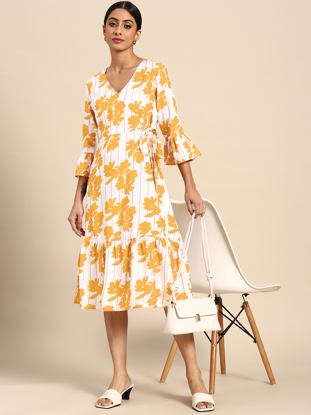 

all about you White & Yellow Floral Print Wrap Midi Dress