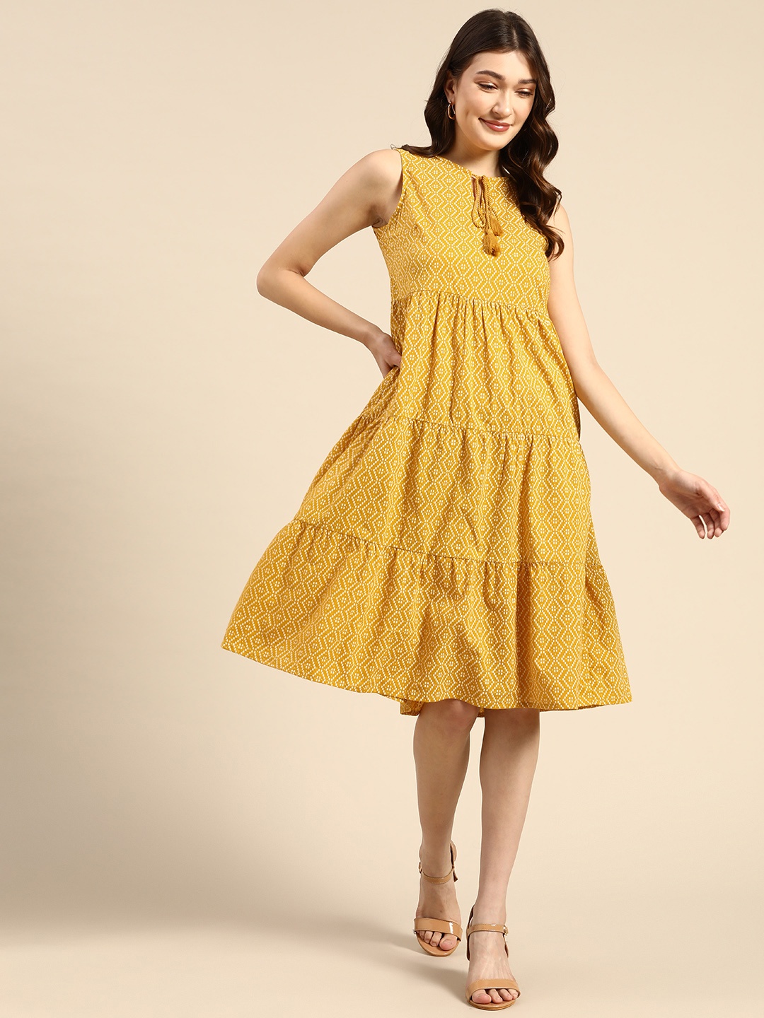 

all about you Mustard Yellow & White Geometric Print Tiered Pure Cotton A-Line Dress