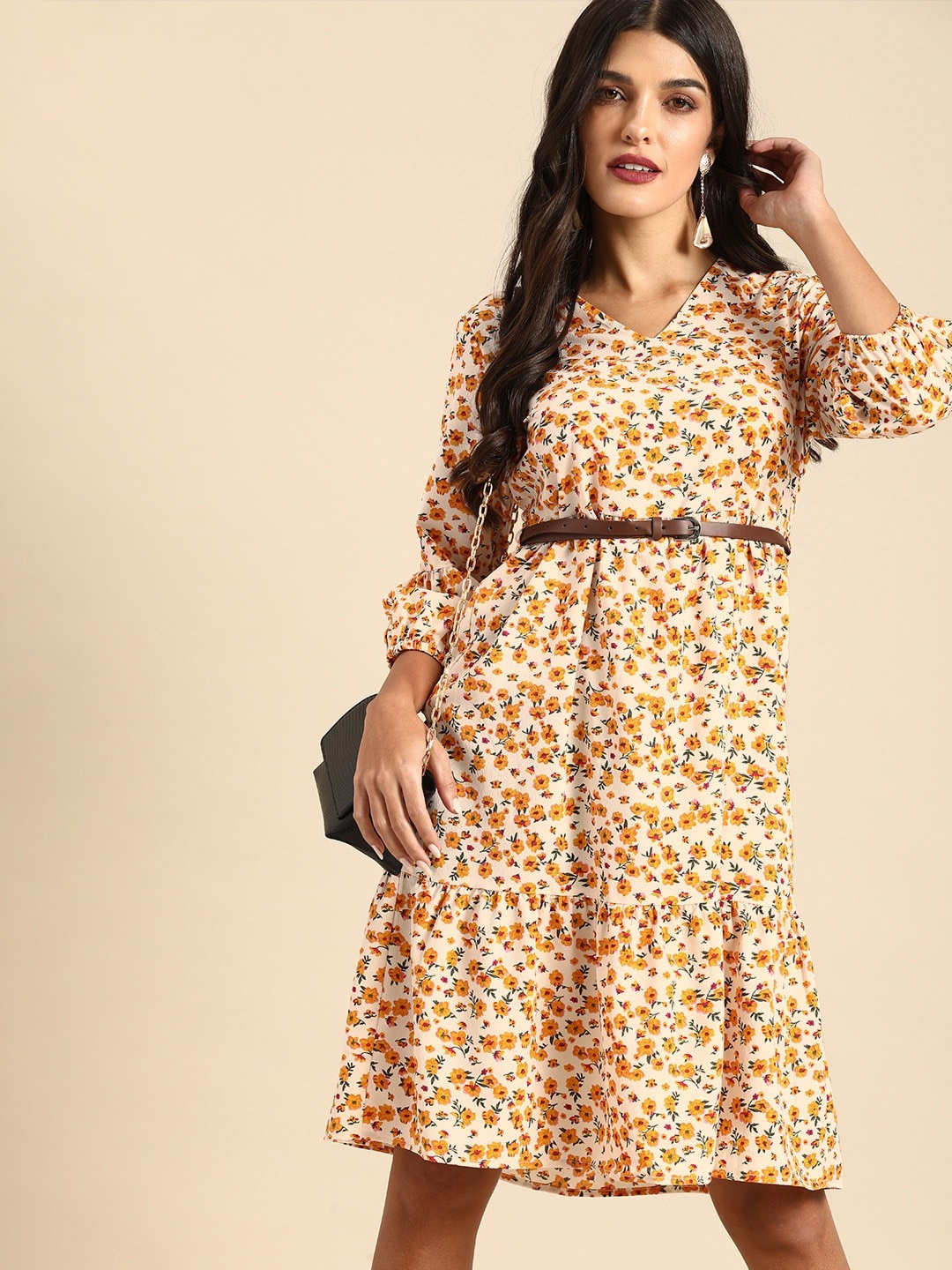 

all about you Women White & Mustard Yellow Floral Printed A-Line Dress With A Belt