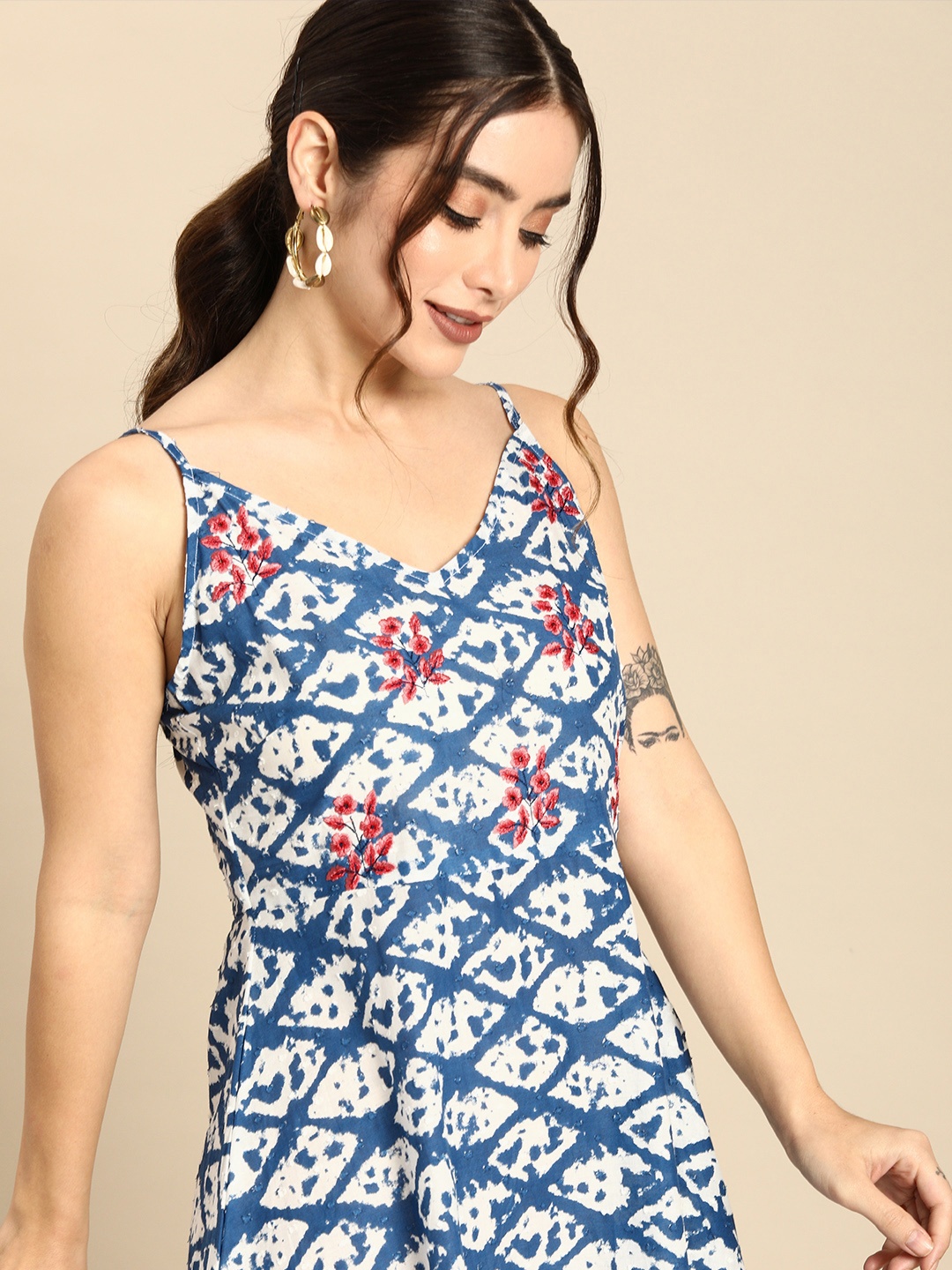 

all about you Women Blue & White Printed A-Line Sleeveless Dress