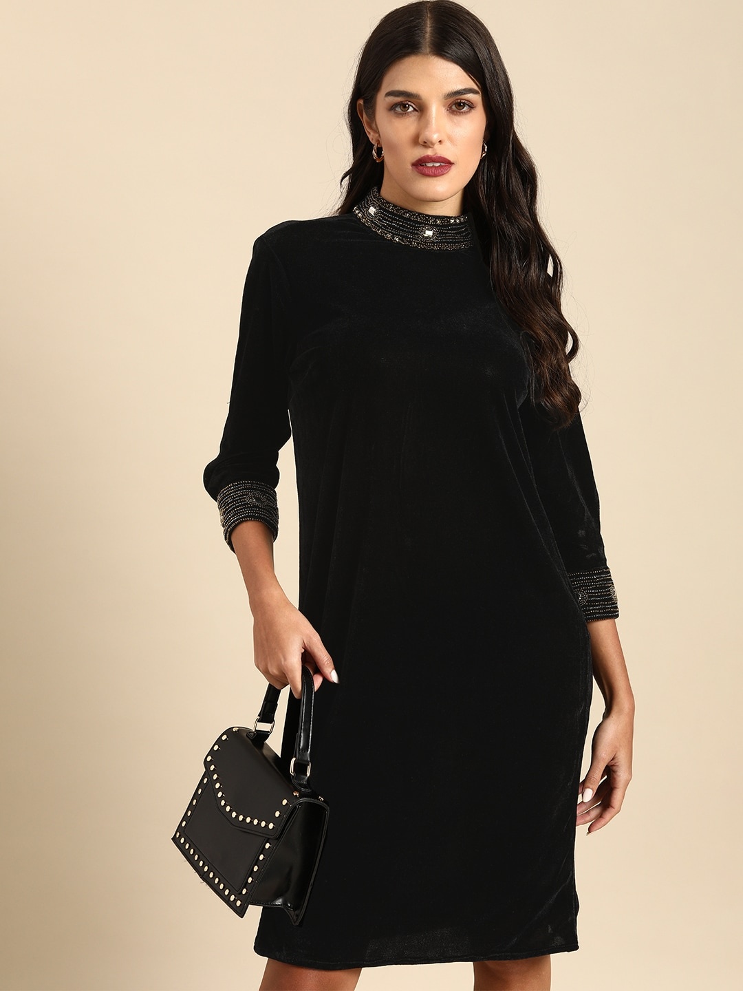 

all about you Women Black Embellished Velvet Sheath Dress