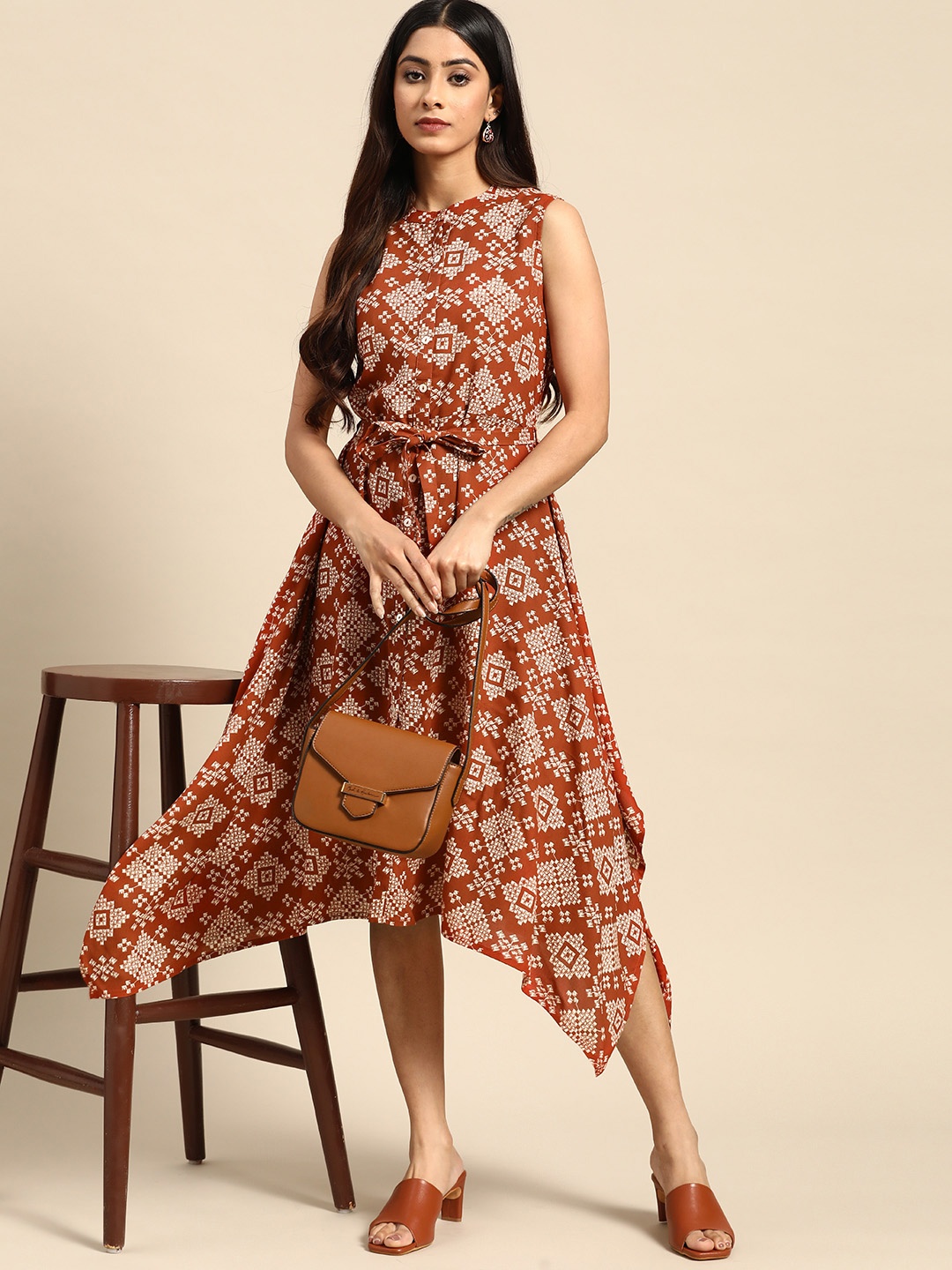 

all about you Ethnic Motifs Printed A-Line Midi Dress With Tie-Up Belt, Rust