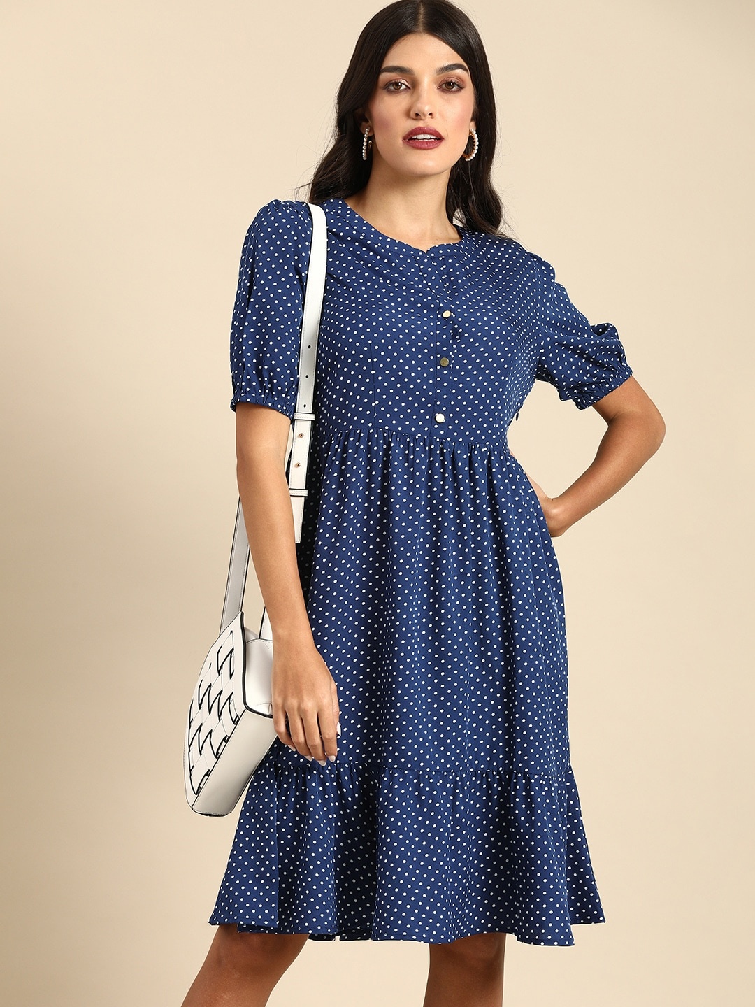 

all about you Women Blue & White Polka Dot Print Casual Fit And Flare Dress