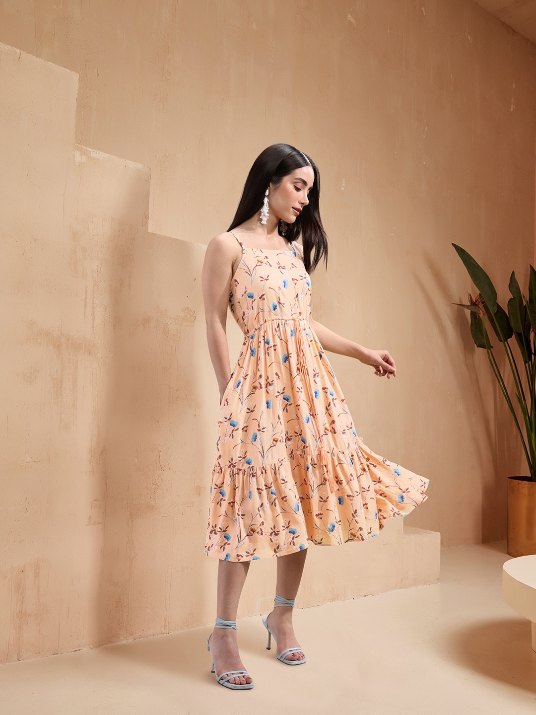 

all about you Peach-Coloured & Blue Floral A-Line Midi Dress