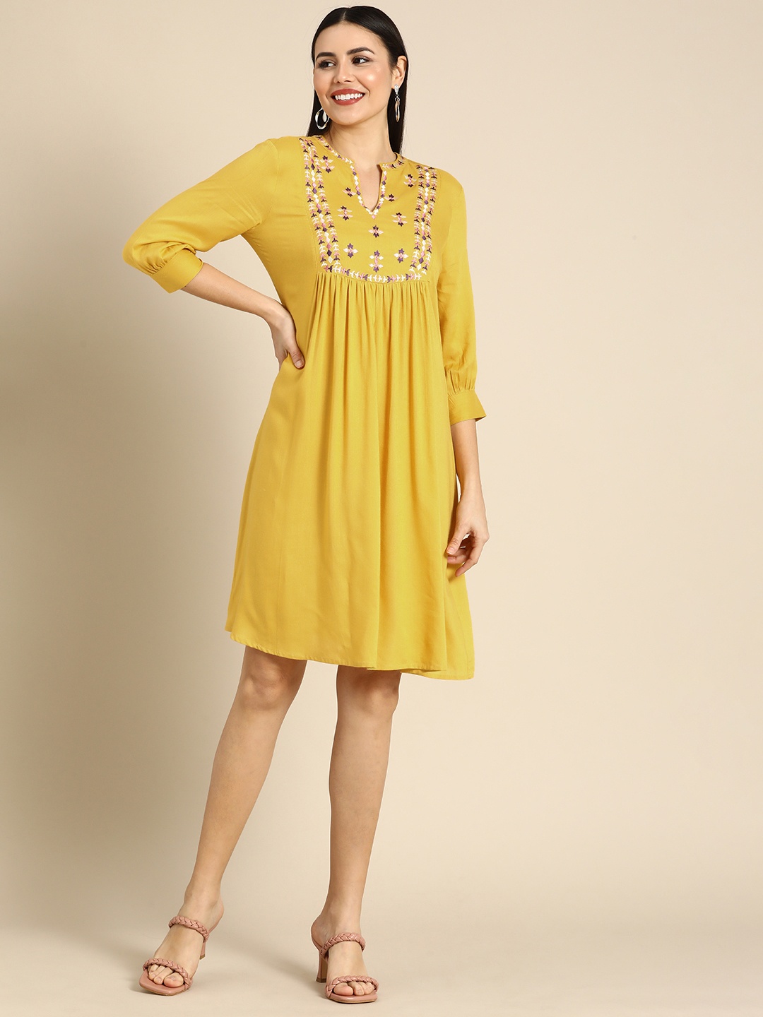 

all about you Yellow Ethnic Motifs Embroidered A-Line Dress