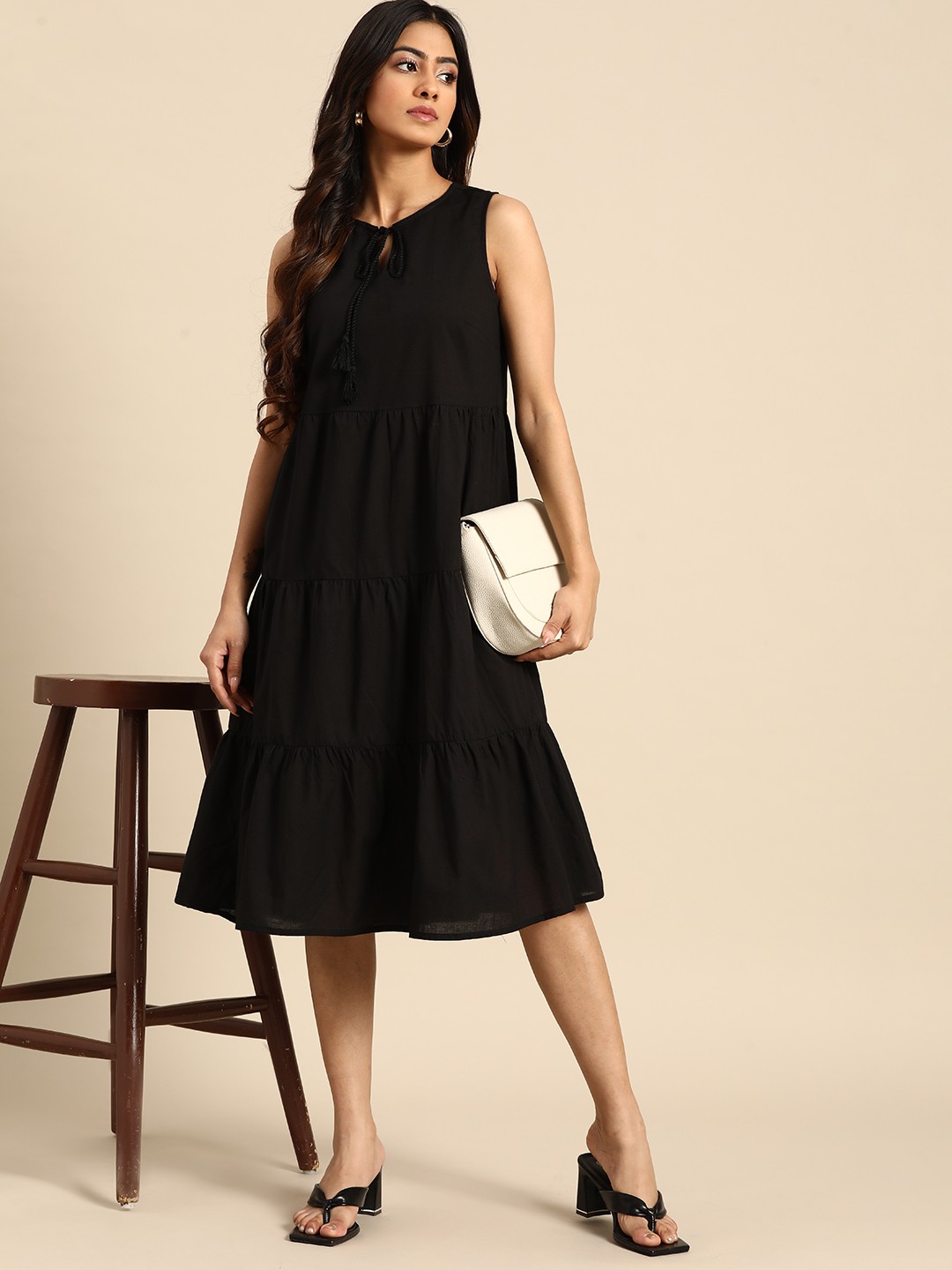 

all about you Tie-Up Neck Pure Cotton Tiered A-Line Dress, Black