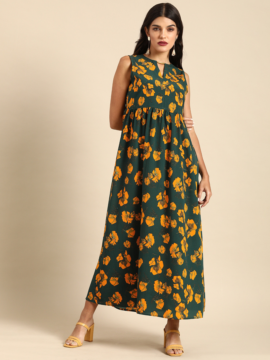 

all about you Women Green & Mustard Yellow Floral Printed Keyhole Neck Maxi Dress