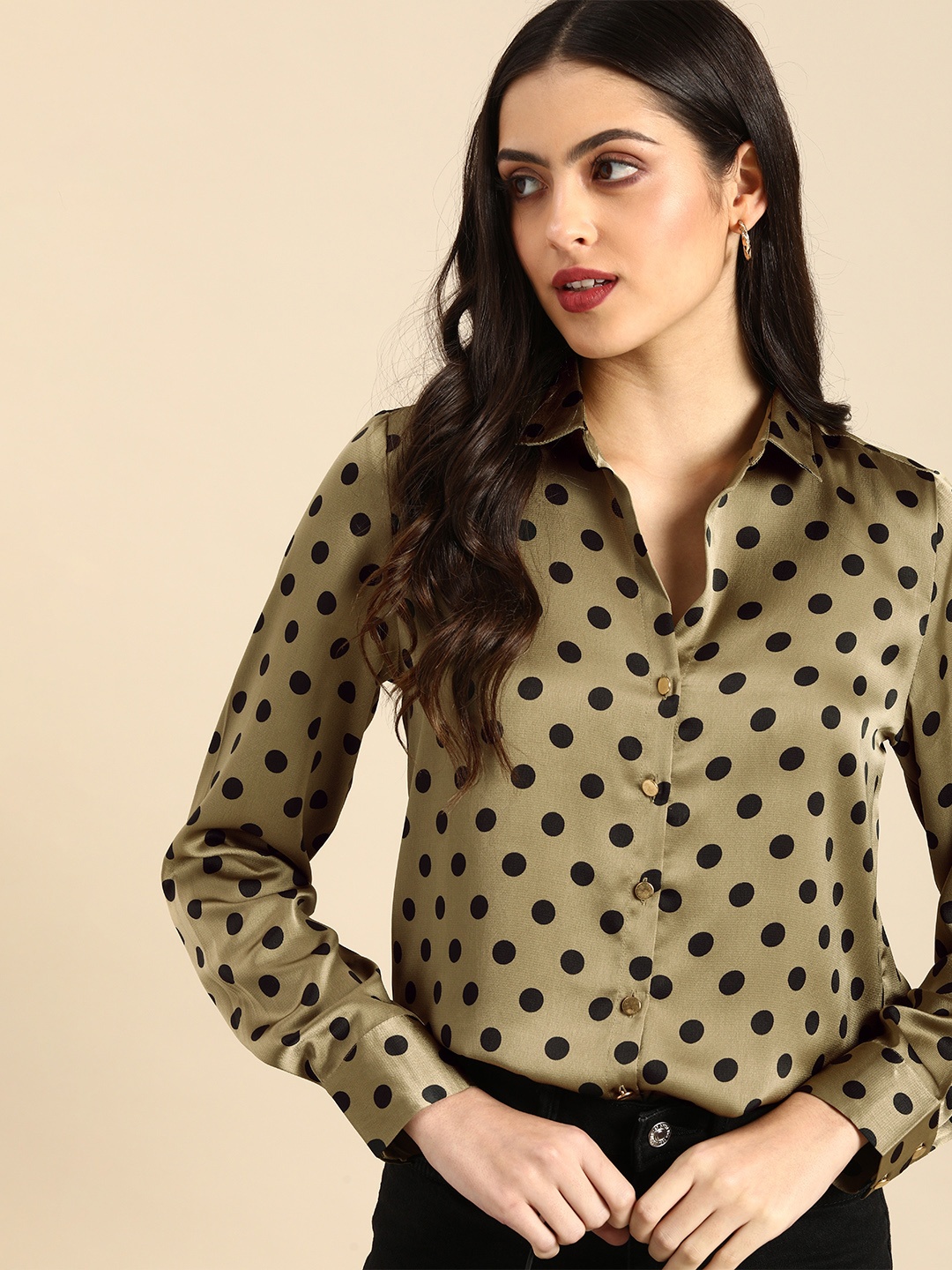 

all about you Women Olive Green & Black Polka Dot Printed Casual Shirt