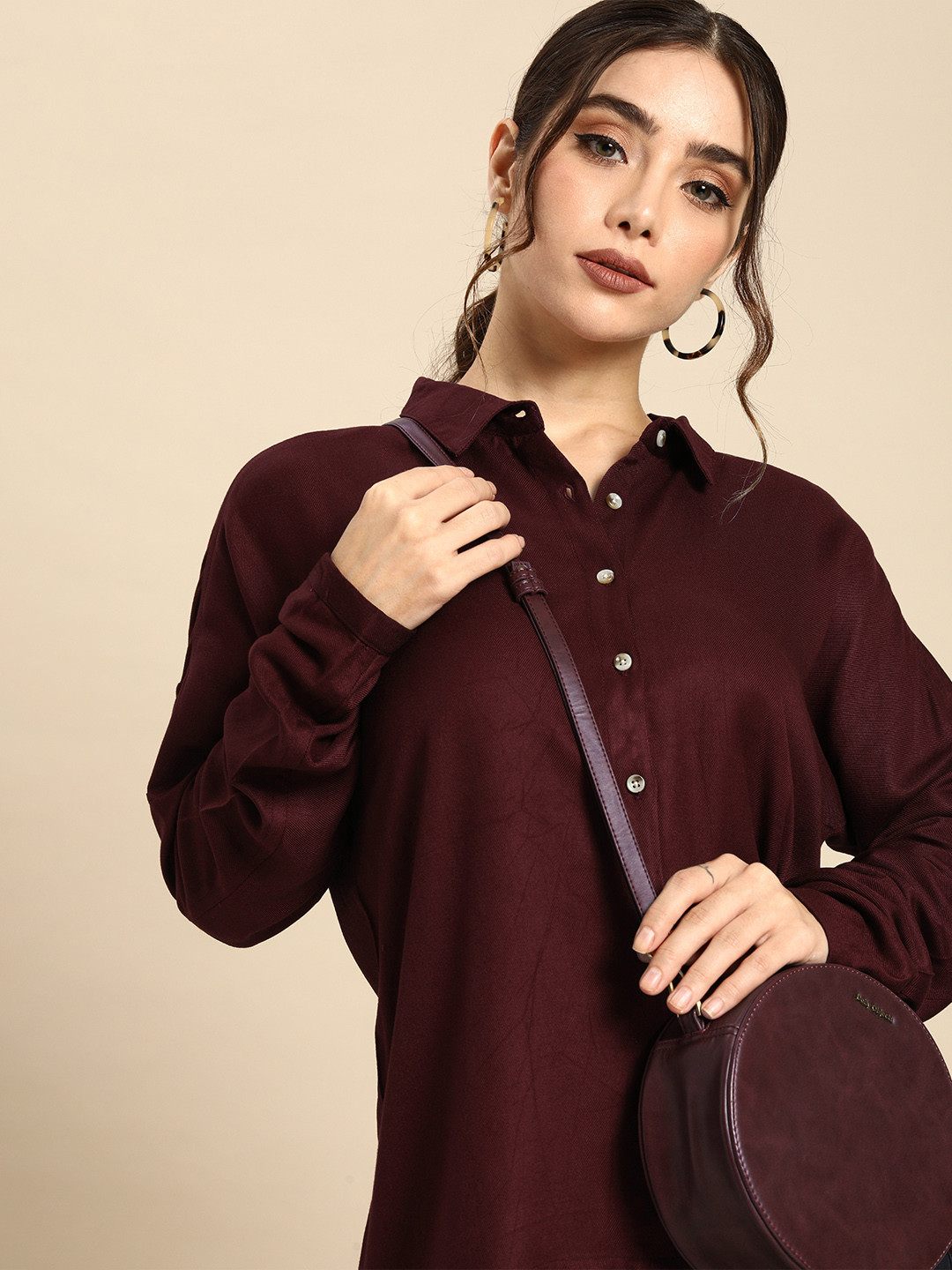 

all about you Women Wine-Coloured Solid Spread-Collar Casual Shirt, Maroon