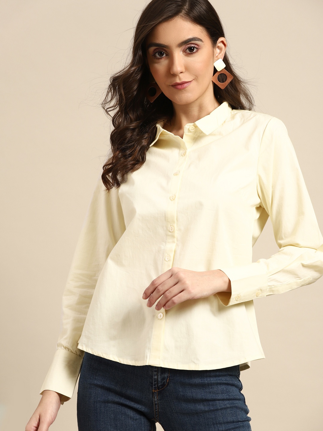 

all about you Women Cream-Coloured Pure Cotton Solid Casual Shirt