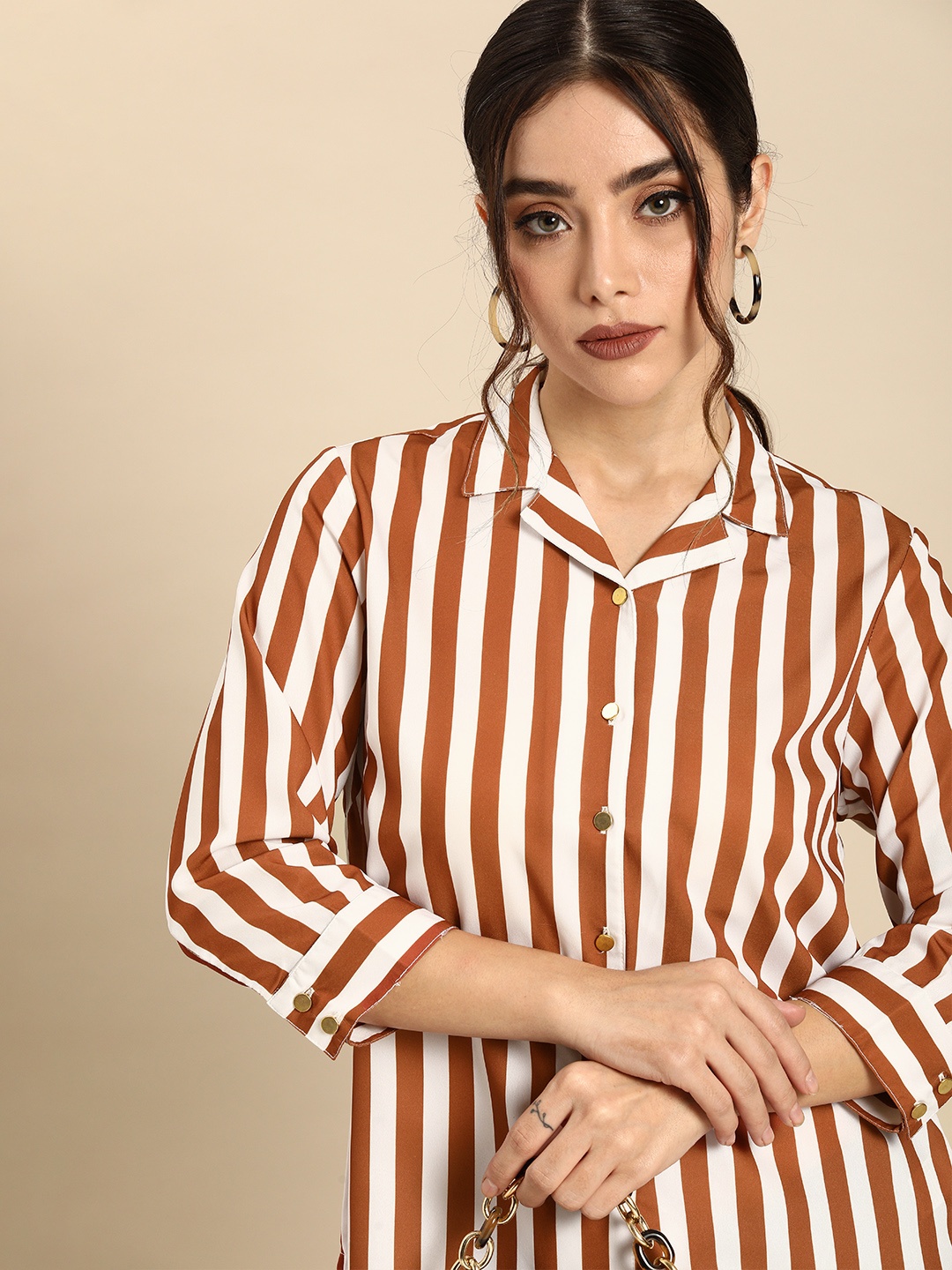 

all about you Women Brown And White Striped Casual Shirt