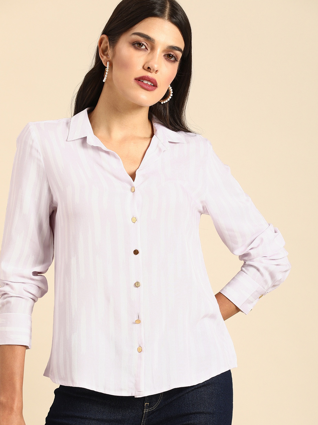 

all about you Women Lavender & White Striped Slim Fit Casual Shirt