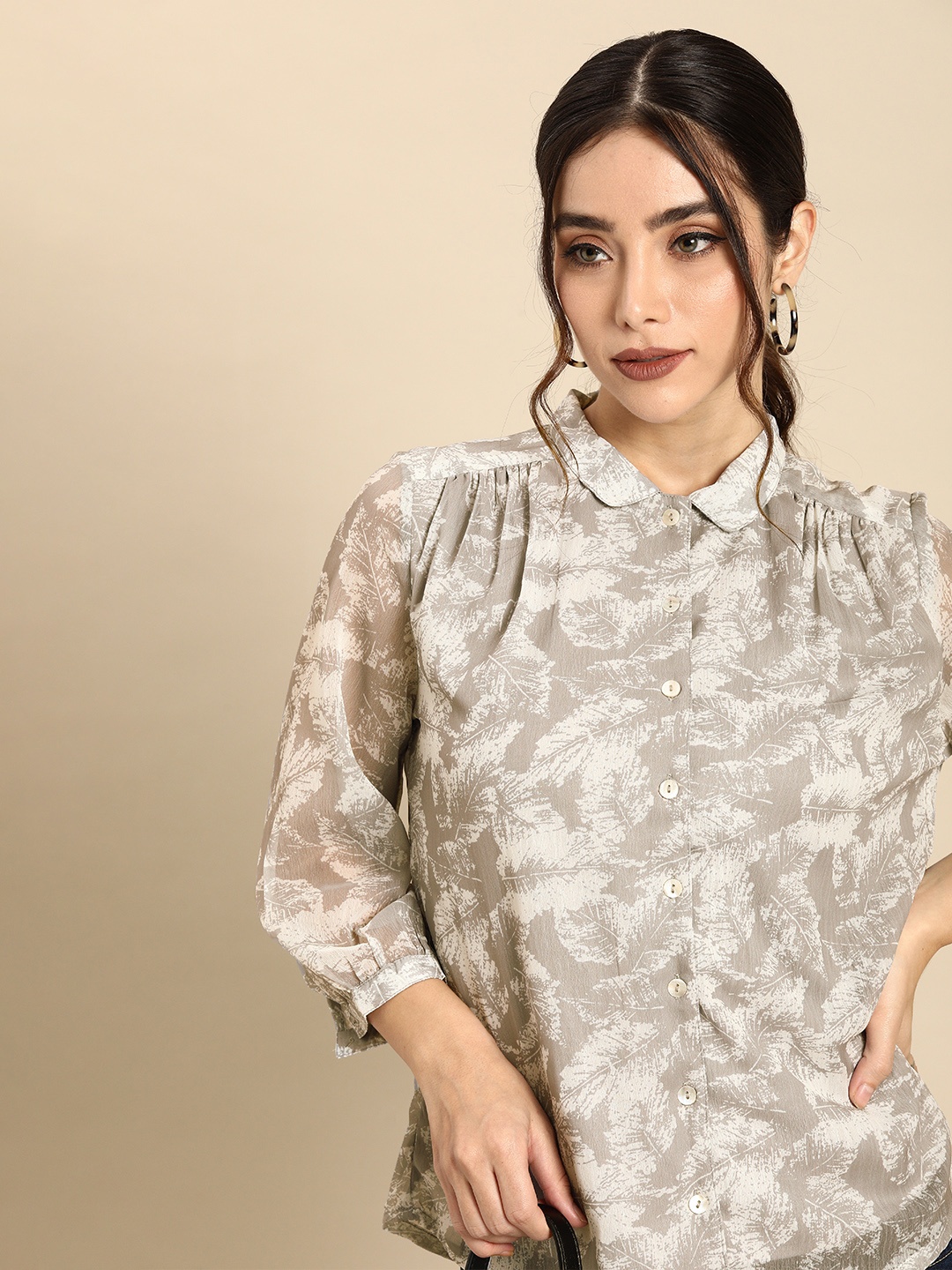 

all about you Women Grey And Off-White Abstract Printed Casual Shirt
