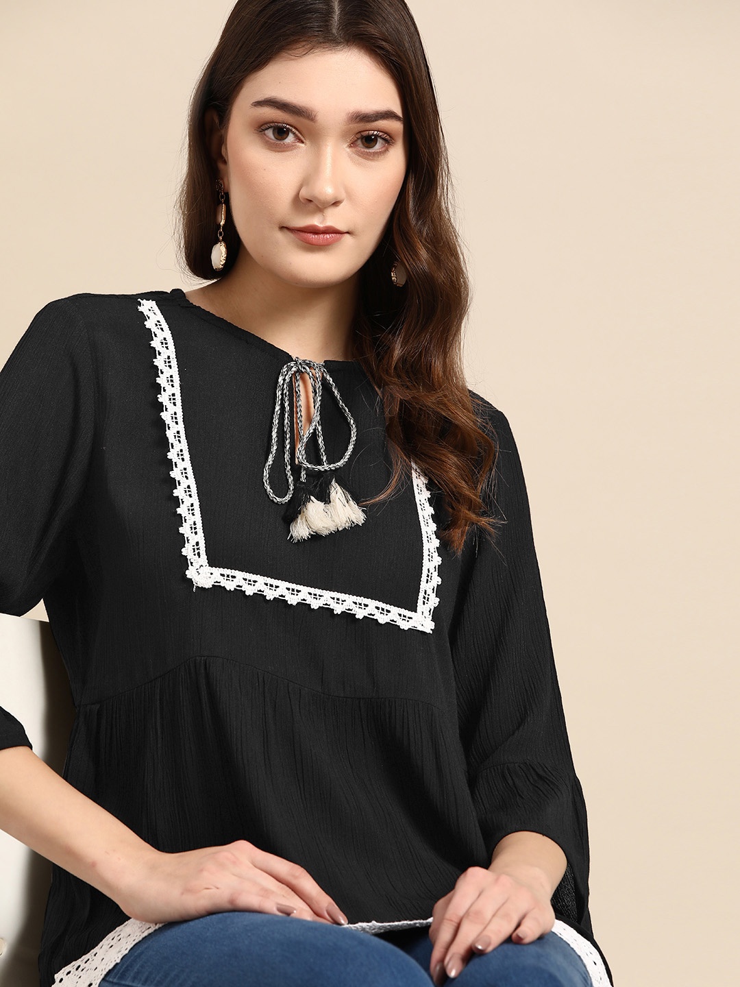 

all about you Lace Inserts Tie-Up Neck Top, Black