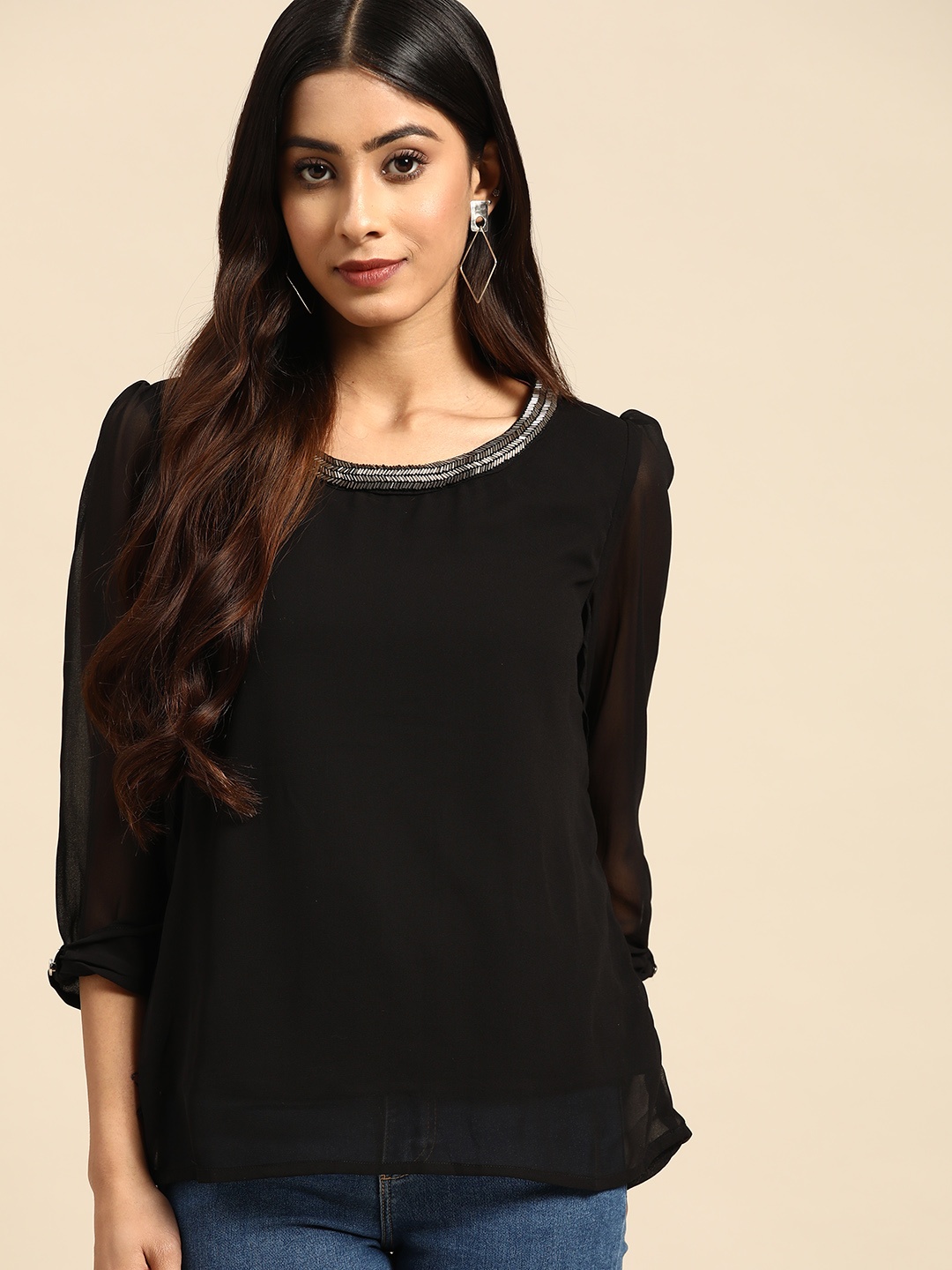 

all about you Jewel Neck Cut-Out Detail Net Top, Black