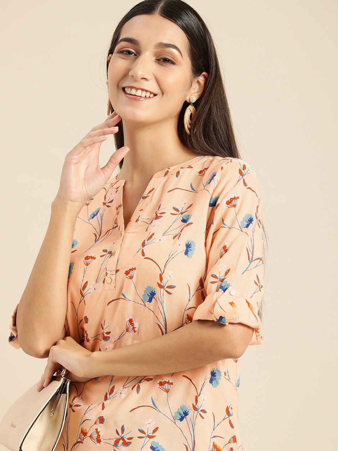 

all about you Women Peach-Coloured & Blue Tropical Print Regular Top
