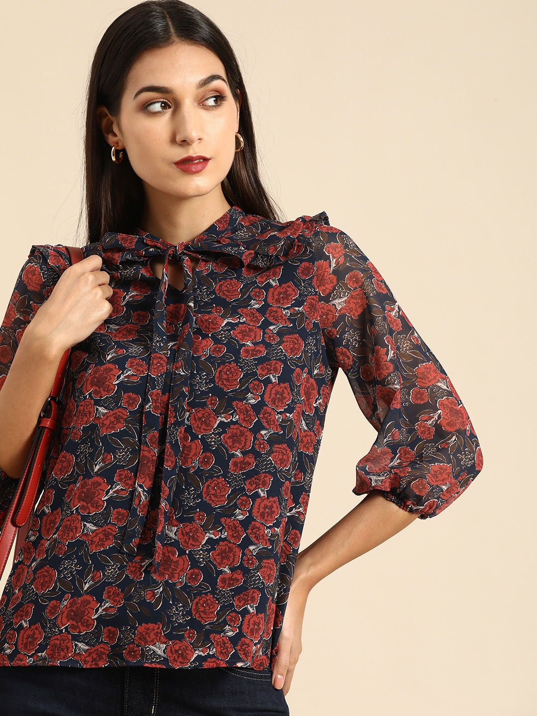 

all about you Women Navy Blue & Red Floral Print Tie-Up Neck Top