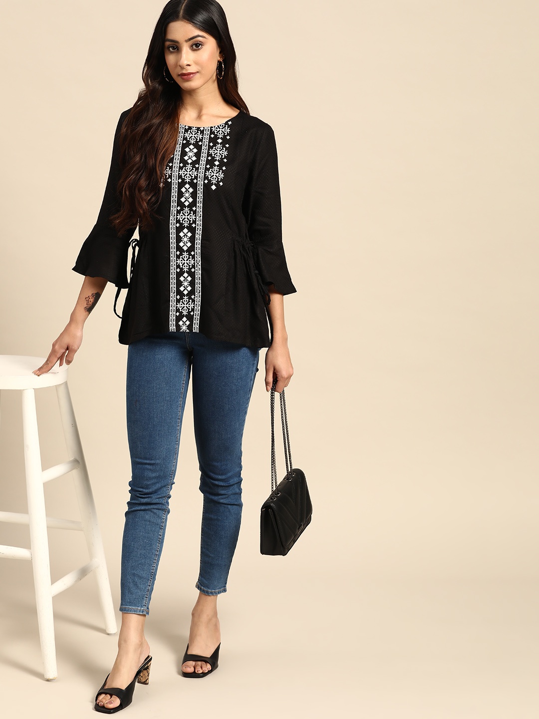 

all about you Ethnic Motifs Embroidered Tie-Up Detail A-Line Top, Black