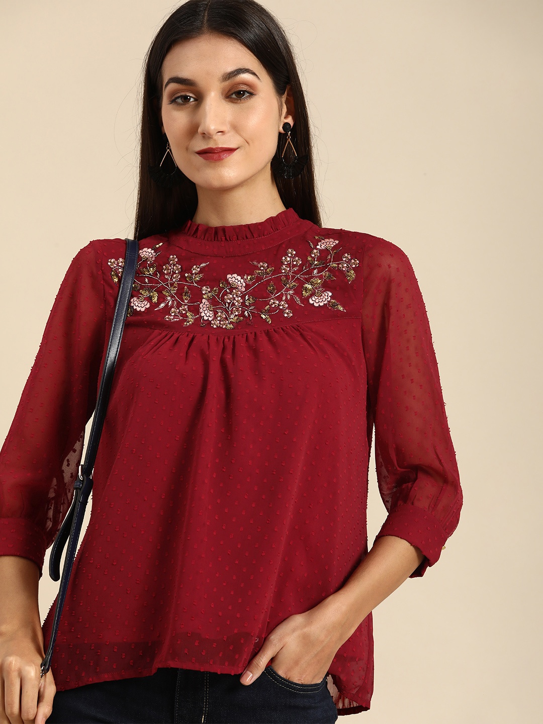 

all about you Red & Gold-Toned Floral Embroidered Embellished Top
