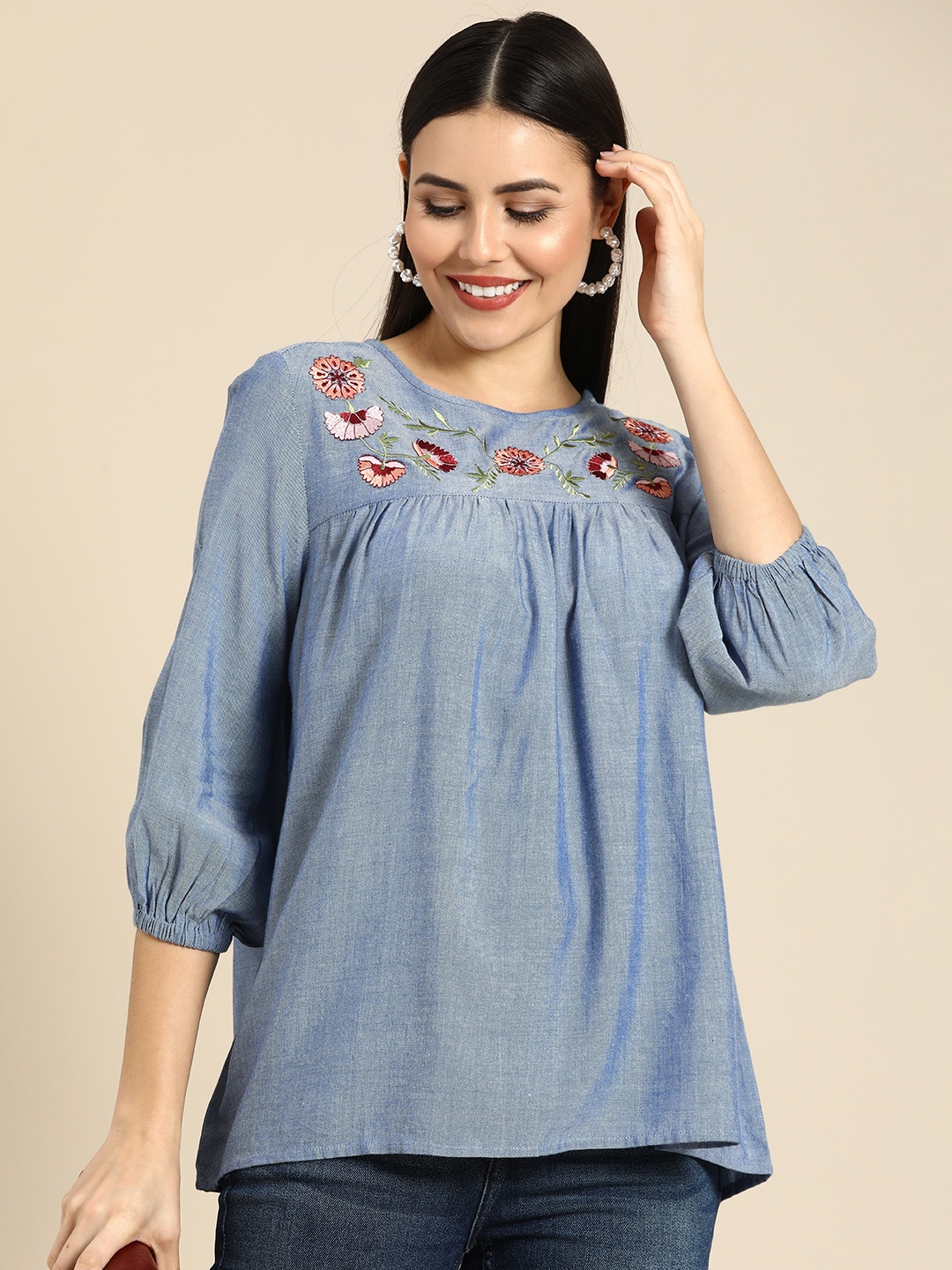 

all about you Blue Floral Embroidered Top