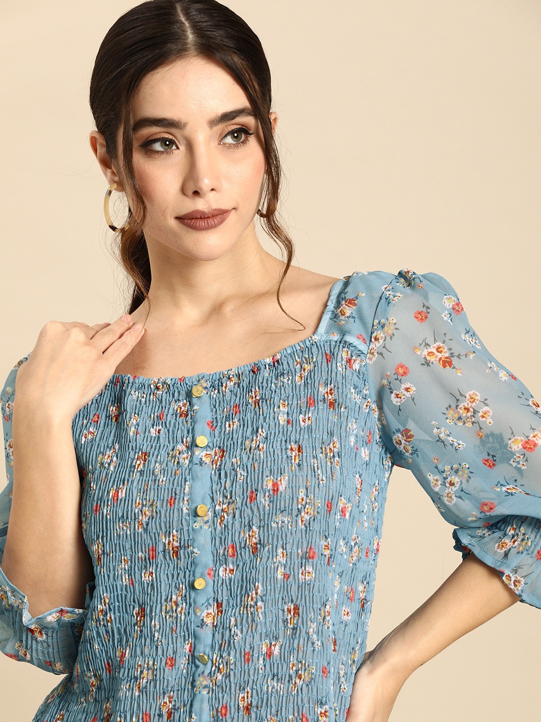

all about you Women Blue & Red Floral Printed Smocking Peplum Top
