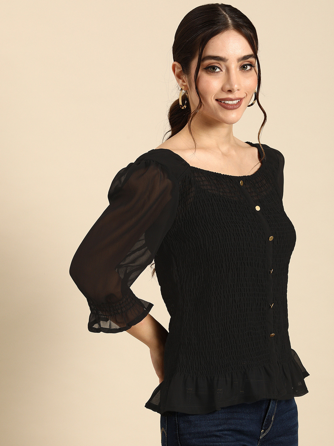 

all about you Women Black Solid Smocking Peplum Top