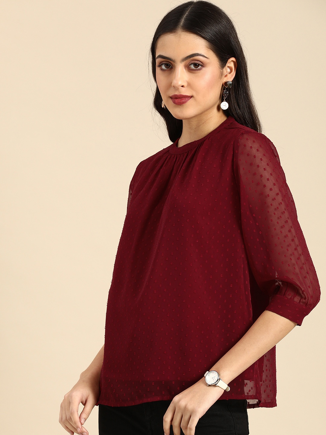 

all about you Women Maroon Self Designed Dobby Regular Top