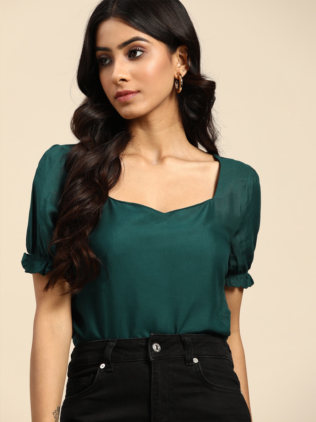 

all about you Teal Green Sweetheart Neck Top