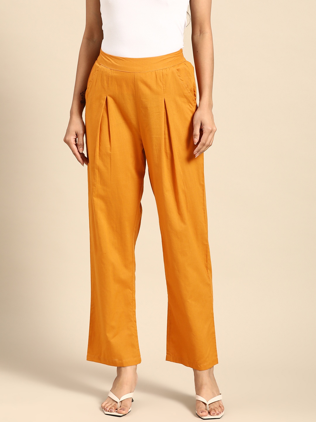 

all about you Women Pure Cotton Pleated Trousers, Orange