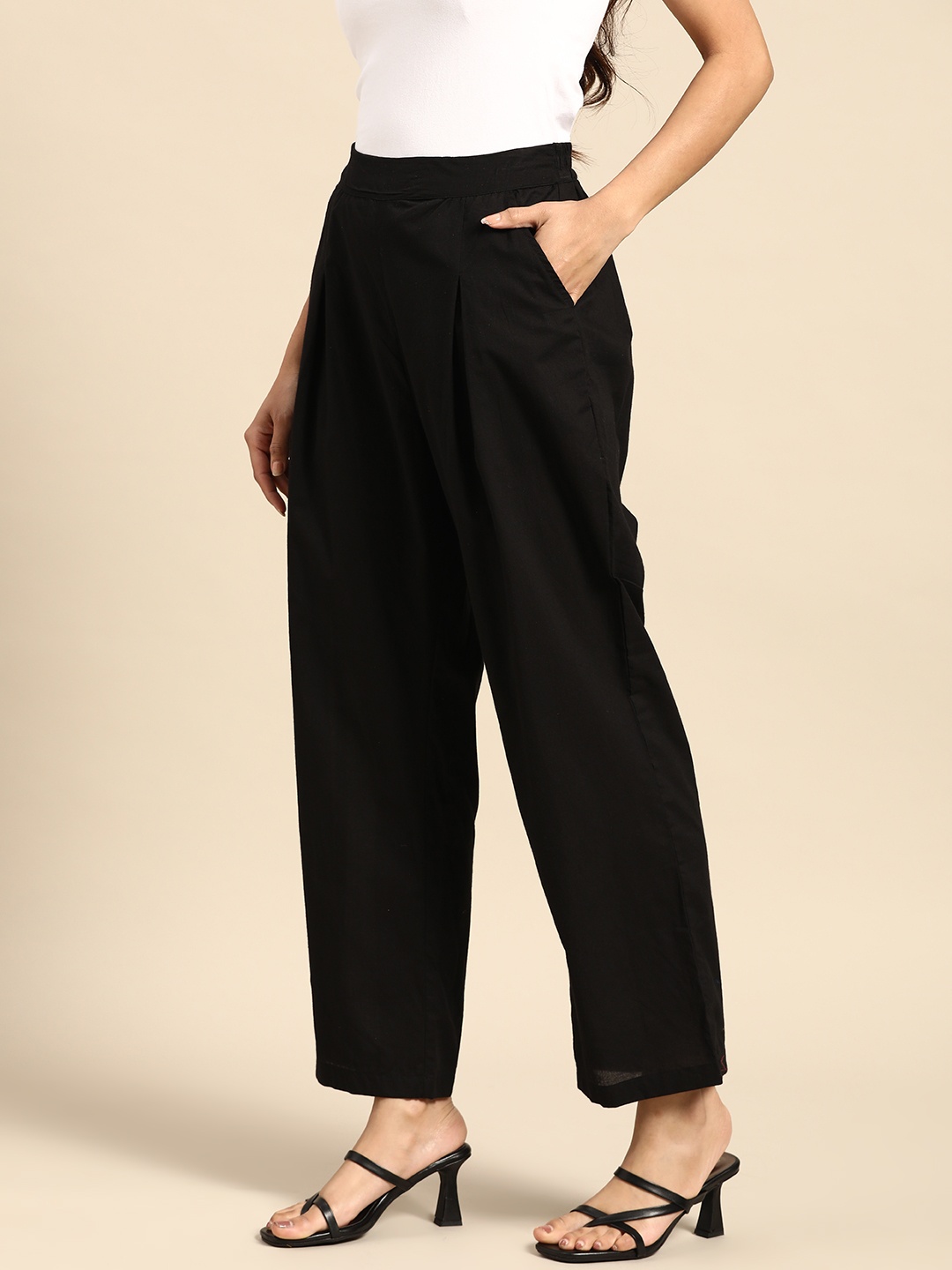 

all about you Women Pure Cotton Pleated Trousers, Black