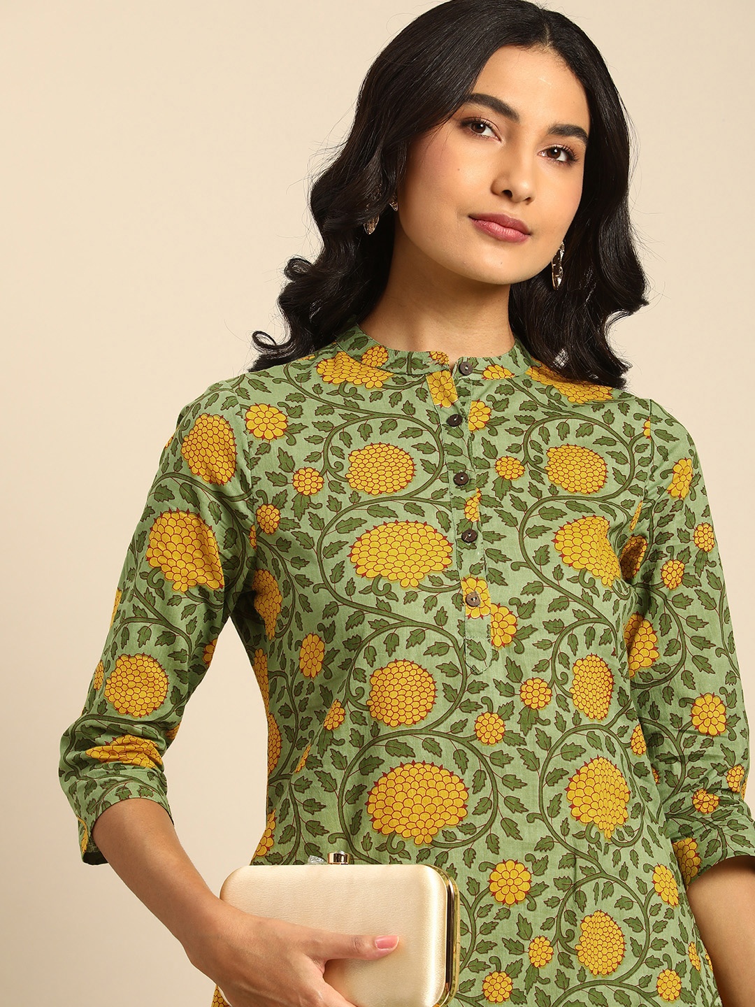 

all about you Women Green & Yellow Floral Printed Pure Cotton Kurta